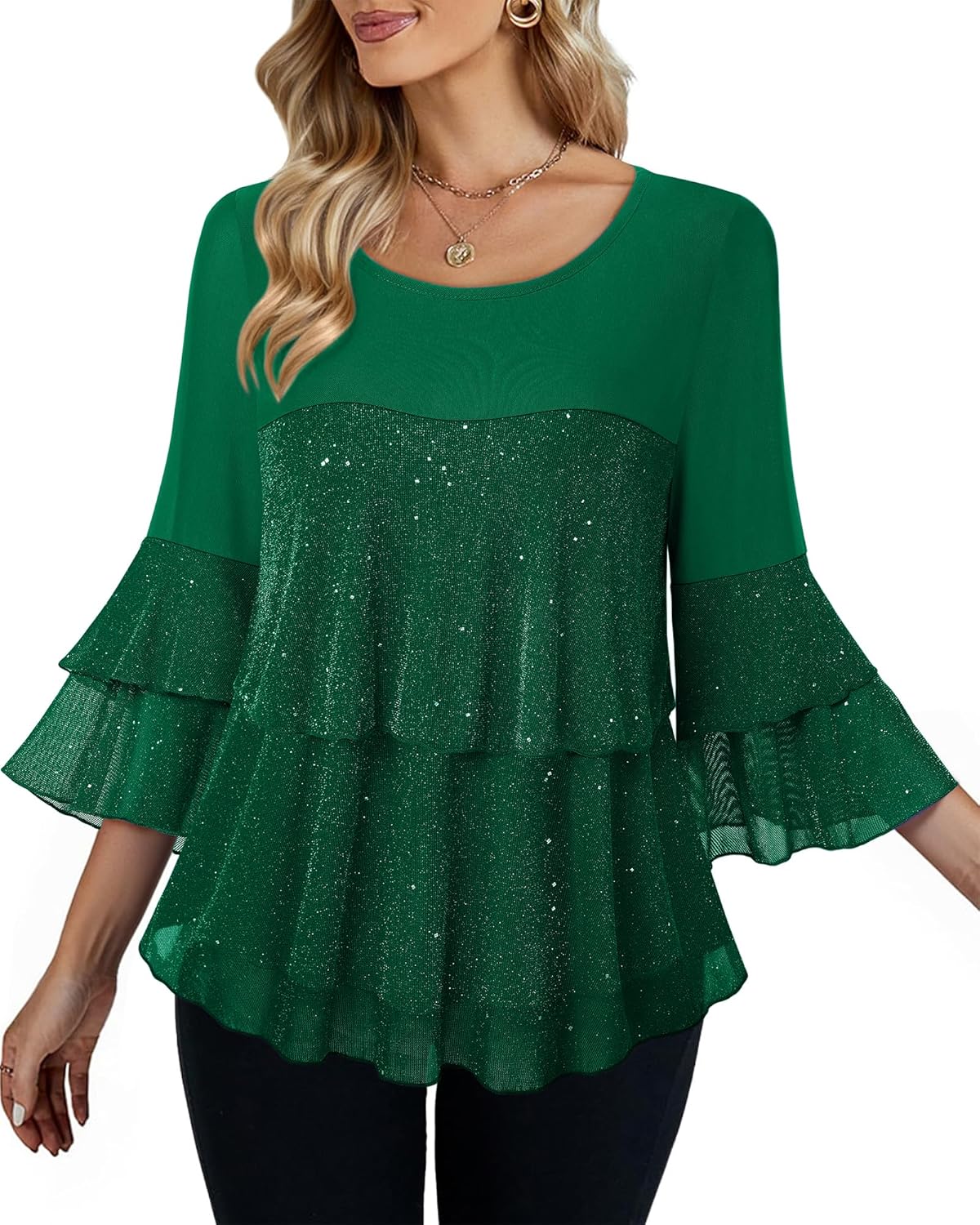 Bebonnie Womens Dressy Sparkly Peplum Tops 3/4 Sleeve Ruffles Elegant Evening Flowy Blouses - Image 2