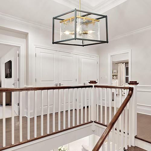 Miniatura 7 de IKK Candelabros modernos de vidrio texturizado para comedor, lámpara rectangular dorada de 37 pulgadas, iluminación rectangular de granja para isla