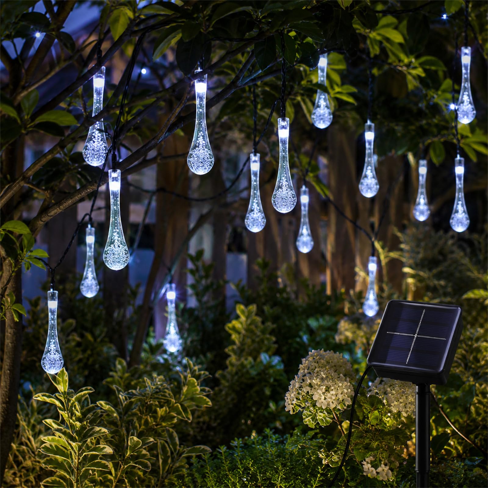 ENEN Water Droplets LED Solar Lights Outdoor Garden, 8 Modes Hanging Indoor/Garden Lights, IP43 Waterproof Garden Ornaments Outdoor, for Gazebo Home Party Wedding Decor (White,22M/200LED)