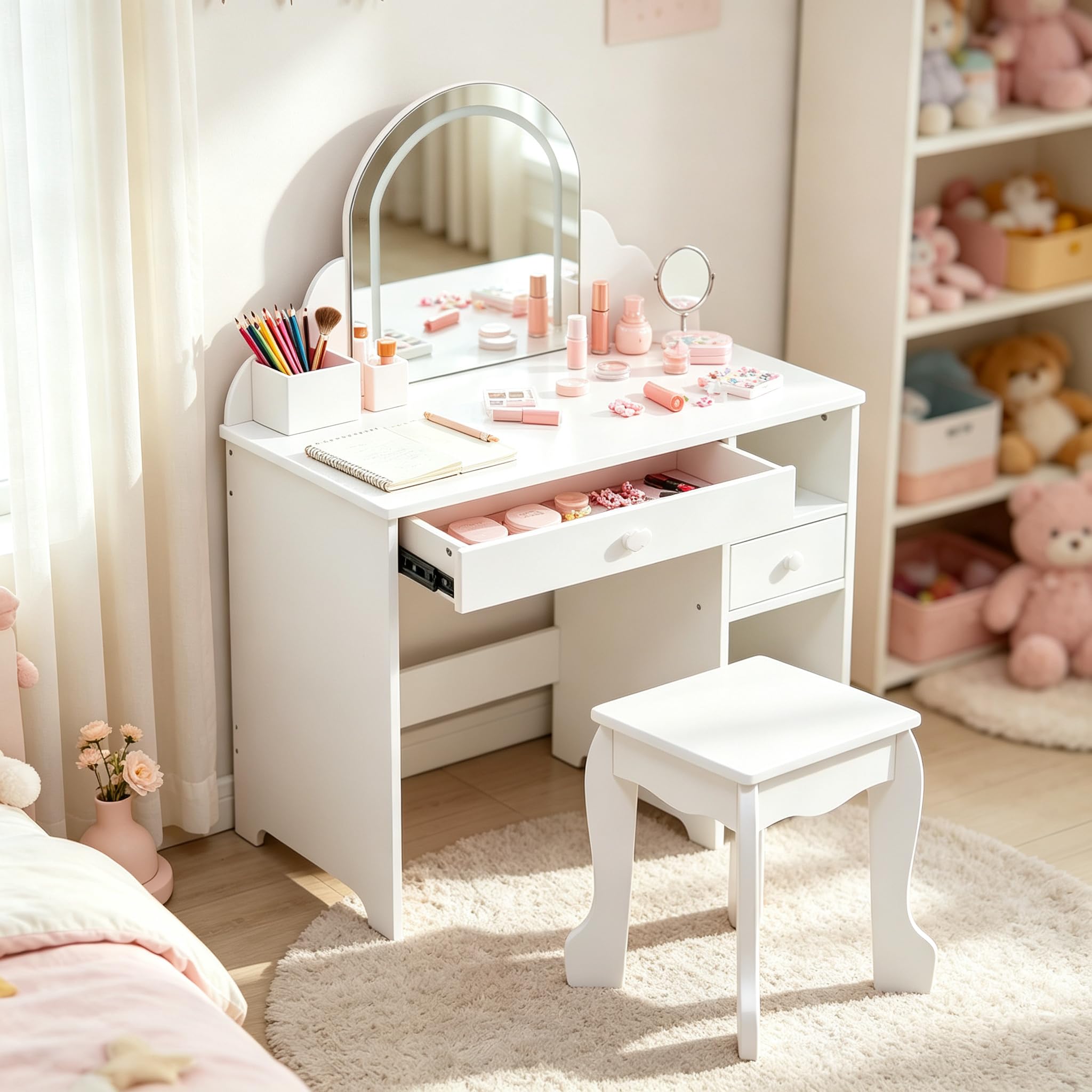 2-in-1 Kinder Schminktisch & Schreibtisch mit LED-Spiegel