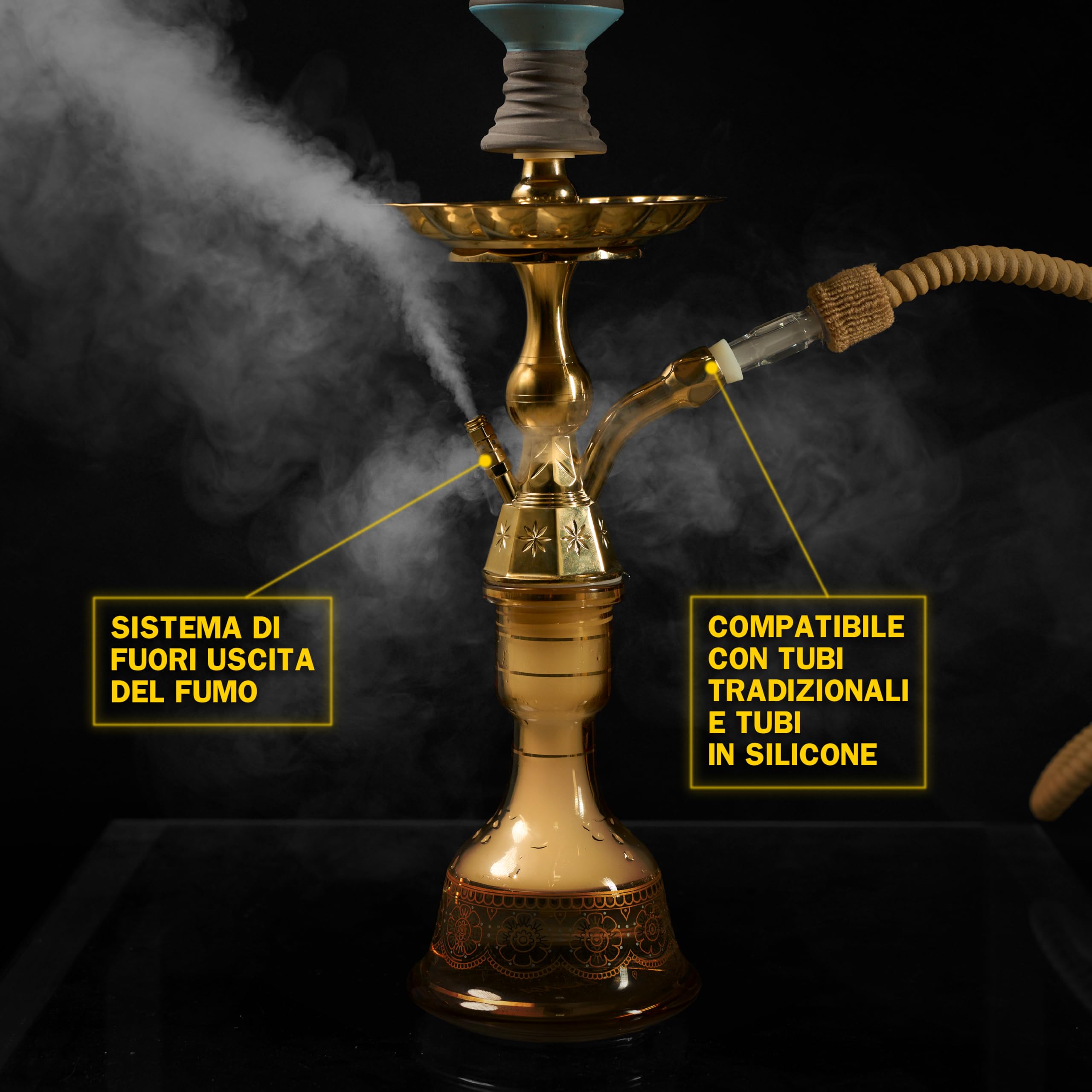 Dark Shisha Cachimba Tradicional Luna Ámbar 44,5 cm + 50 Boquillas Desechables de Colores | Set Completo con Manguera Tradicional, Cazoleta de Piedra, Chimenea, Pinza y Juntas
