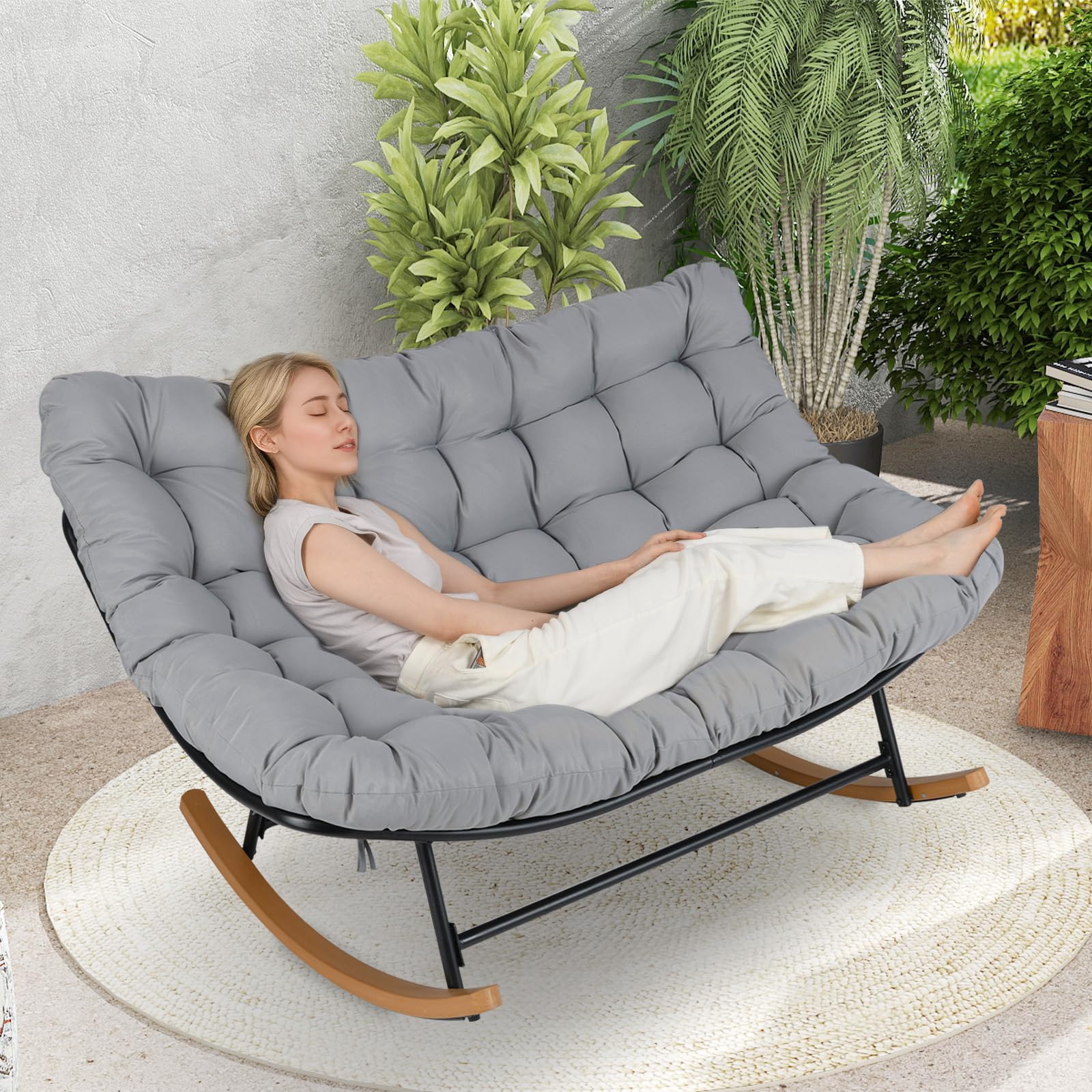 COSTWAY Schaukelstuhl 2 Personen Outdoor, Schaukelsessel mit dickem Kissen | XXL Relaxsessel bis 320 kg belastbar, für Balkon, Garten und Wohnzimmer, Hellgrau