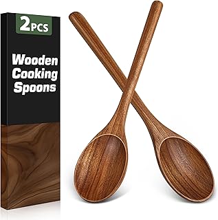 2PCS Wooden Spoons for Cooking, Natural Acacia Wood Cooking Spoons, Large Serving Spoons for Nonstick Cookware, Heat Resistant Durable Wooden Kitchen Utensils for Mixing Salad, Serving and Stirring