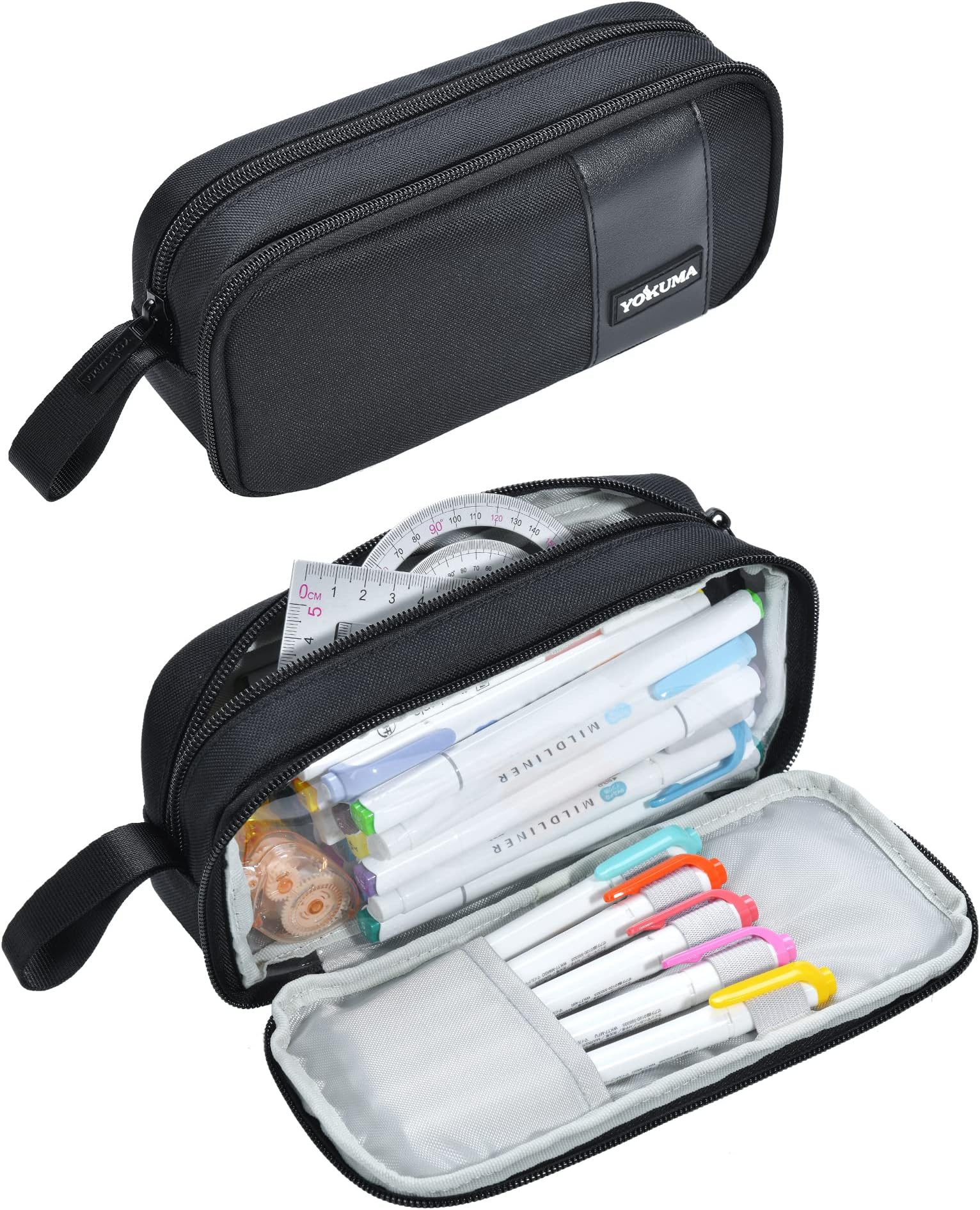 YOKUMA Pencil Case for Adults Aesthetic Pen Bag for Teen College Zipper Pouch Office Supplies Stationery Organizer Small Tool Bag (Black TW)