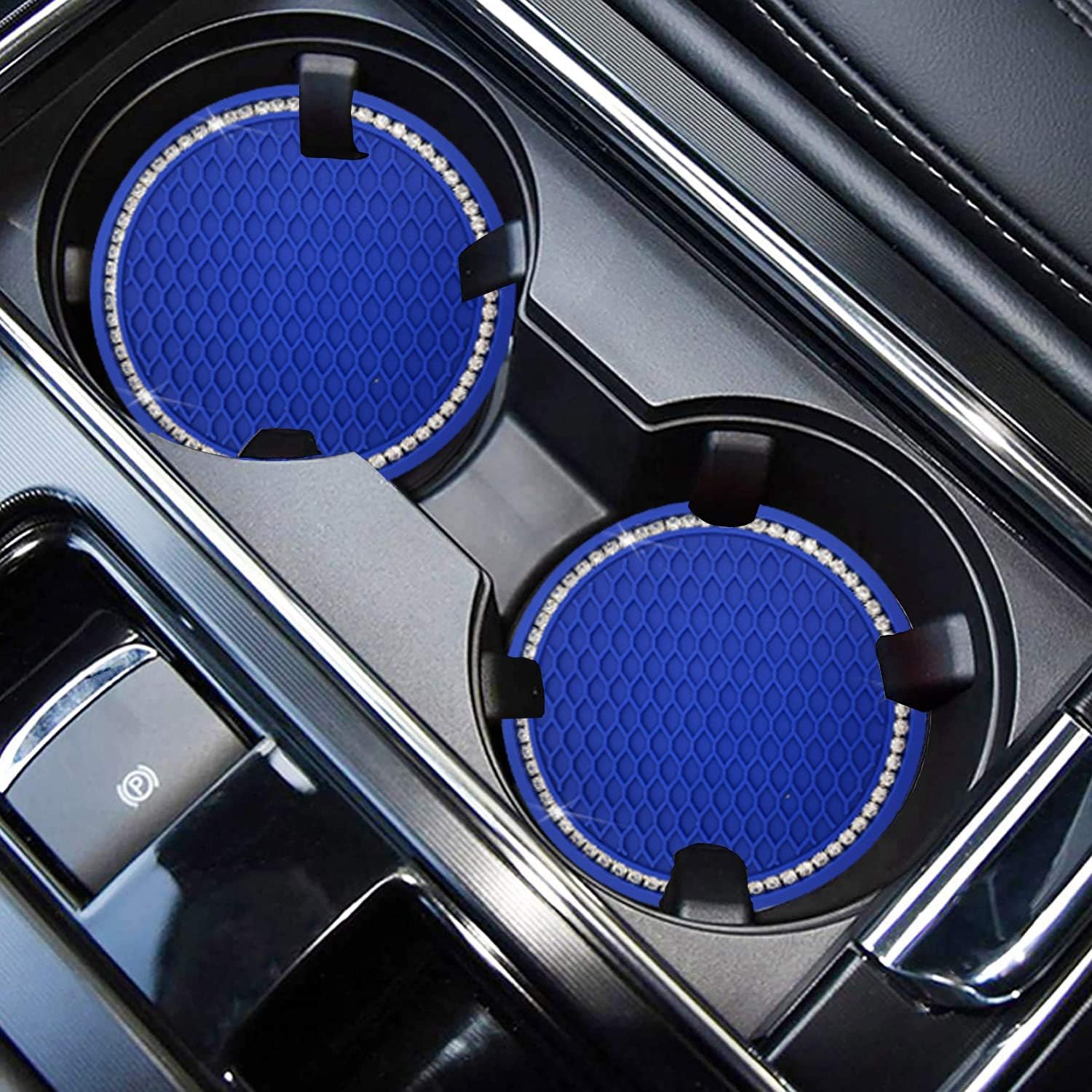 SUNCARACCL Universal Vehicle Bling Travel Auto Cup Holder Insert Coasters Crystal Rhinestone Car Interior Accessories Durable Anti Slip Silicone Car Coasters (Pack of 2) (Blue)