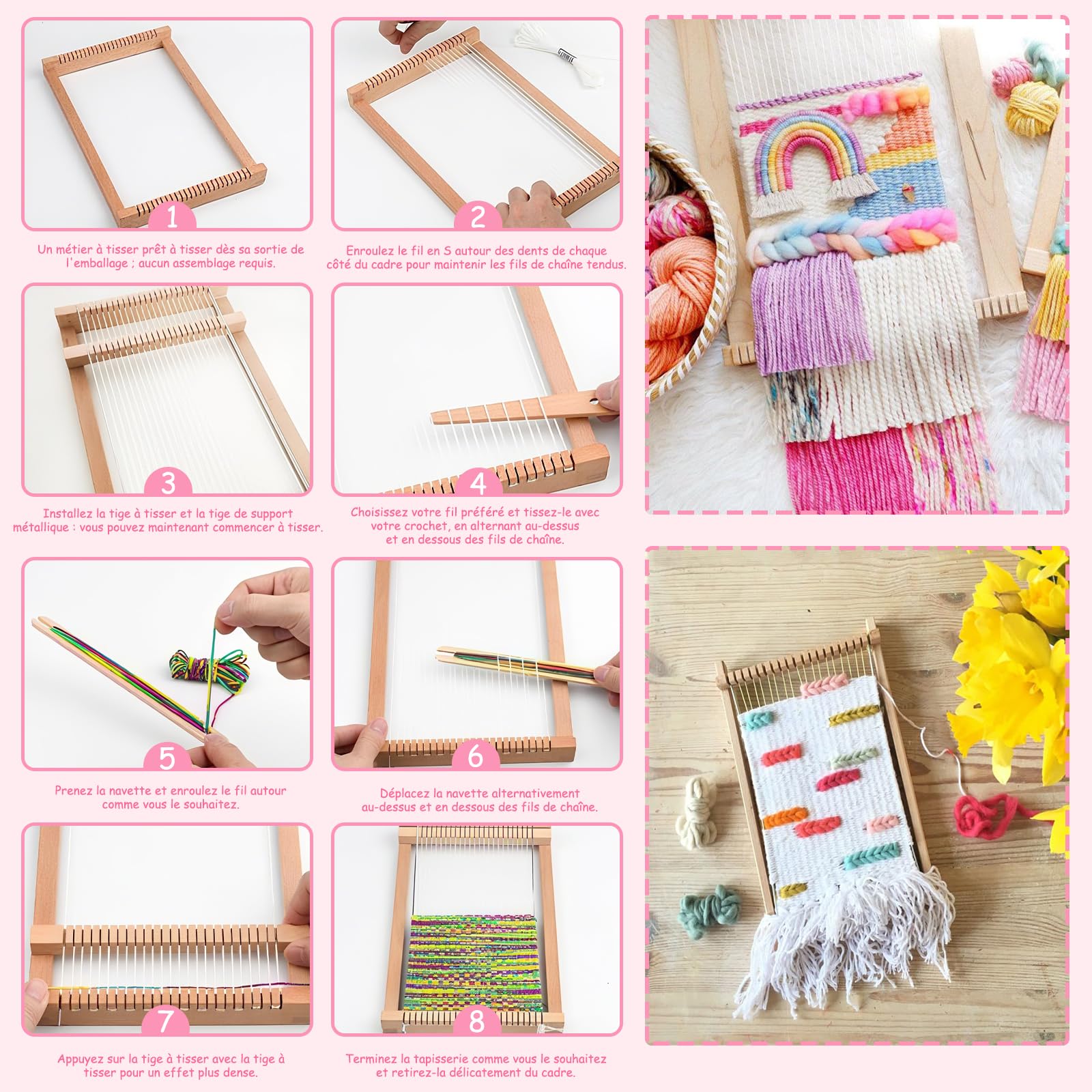 Bibykivn Métier à Tisser En Bois, Machine à Tricoter à la Main Bricolage, Kit de Métier à Tisser pour les Enfants de 6 à 12 Ans, Avec Iaine Colorée pour débutants et enfants