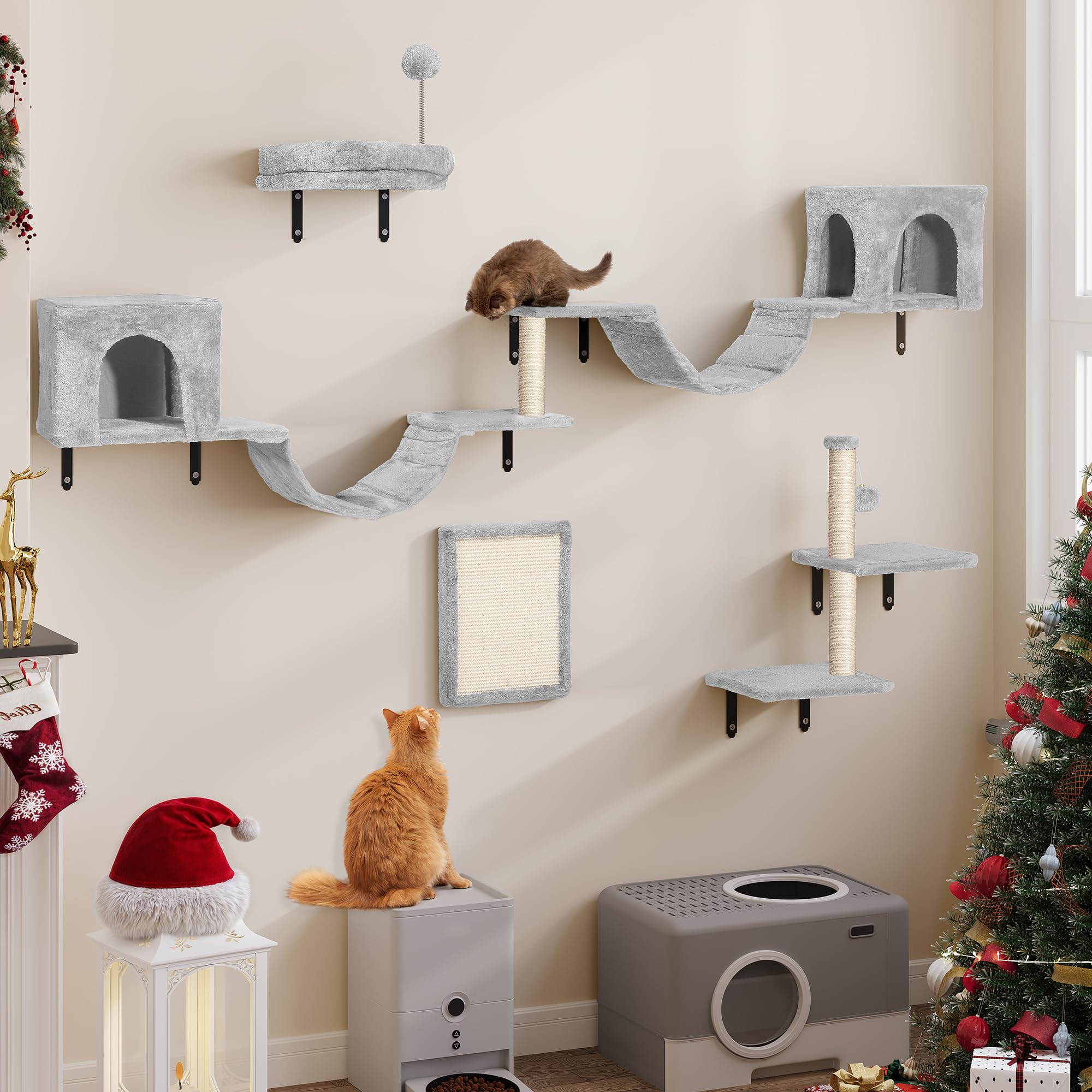 YITAHOME 8-Piece Climbing Wall Set, Sturdy Plush Climber for Cats, Frame Play Towers With Scratching Posts, House, Bridge, Stairs and Hanging Ball, Light Gray