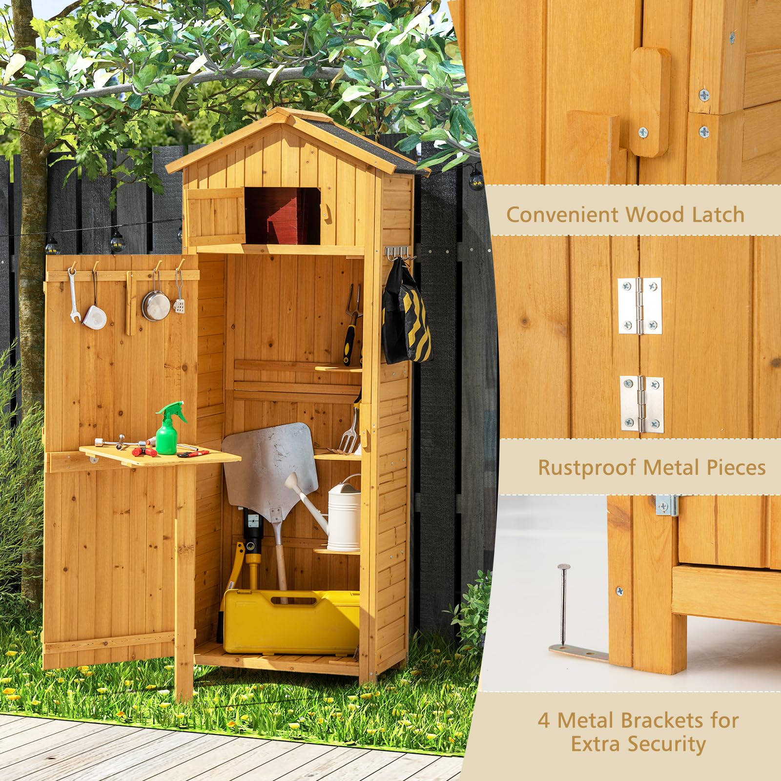 HOMASIS Casetta da Giardino in Legno, Casetta Porta Attrezzi da Giardino con Ripiano Pieghevole e Ganci, Capanno da Esterno Impermeabile e Salvaspazio, 65 x 42 x 180,5 cm (Marrone)