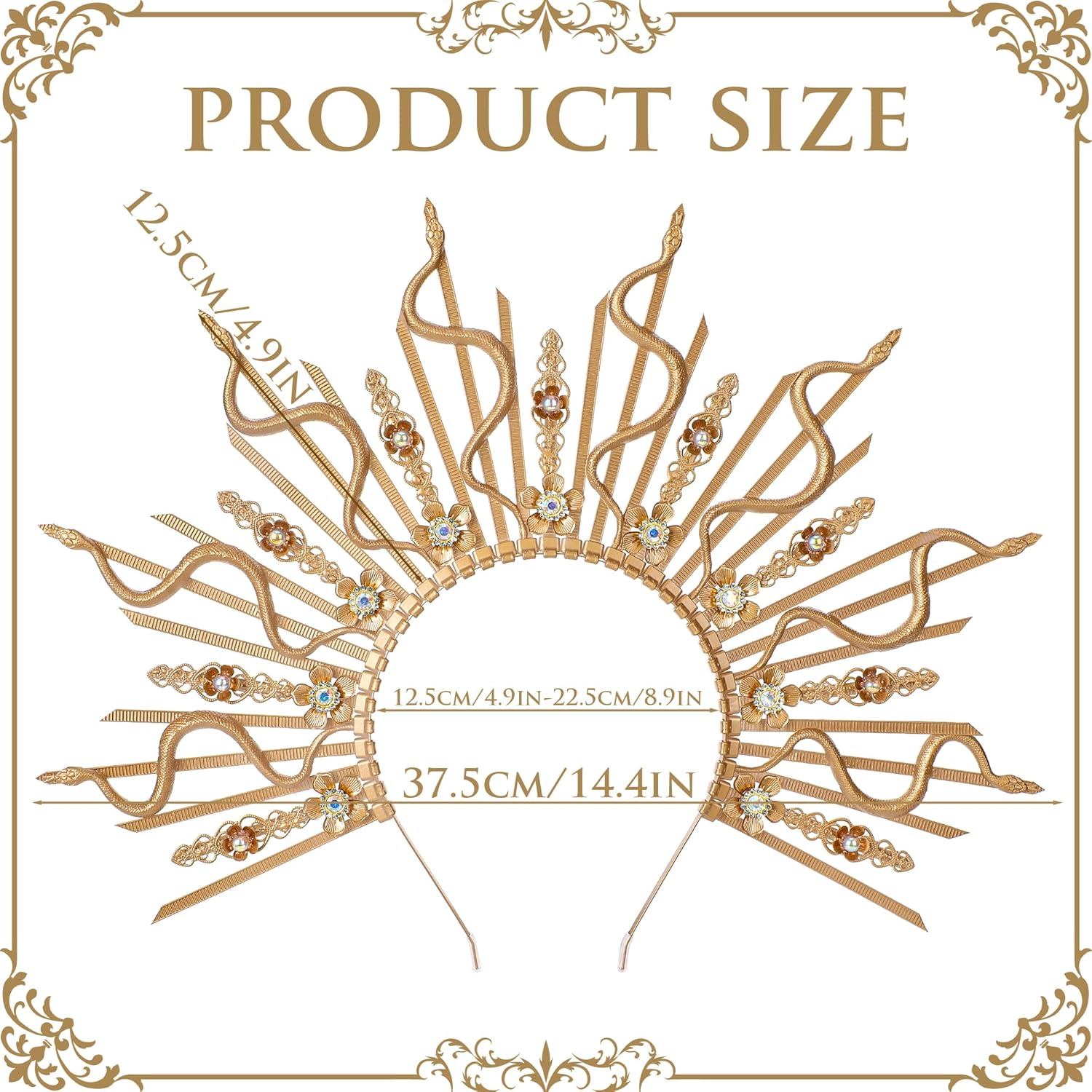 Medusa Snake Halo Crown - Gold Sunburst Spiked Renfaire Sun Halo Headband with Flower Rhinestones, Greek Goddess Virgin Mary Headpiece for Women Renaissance Halloween Cosplay Renfaire Costume - Image 2