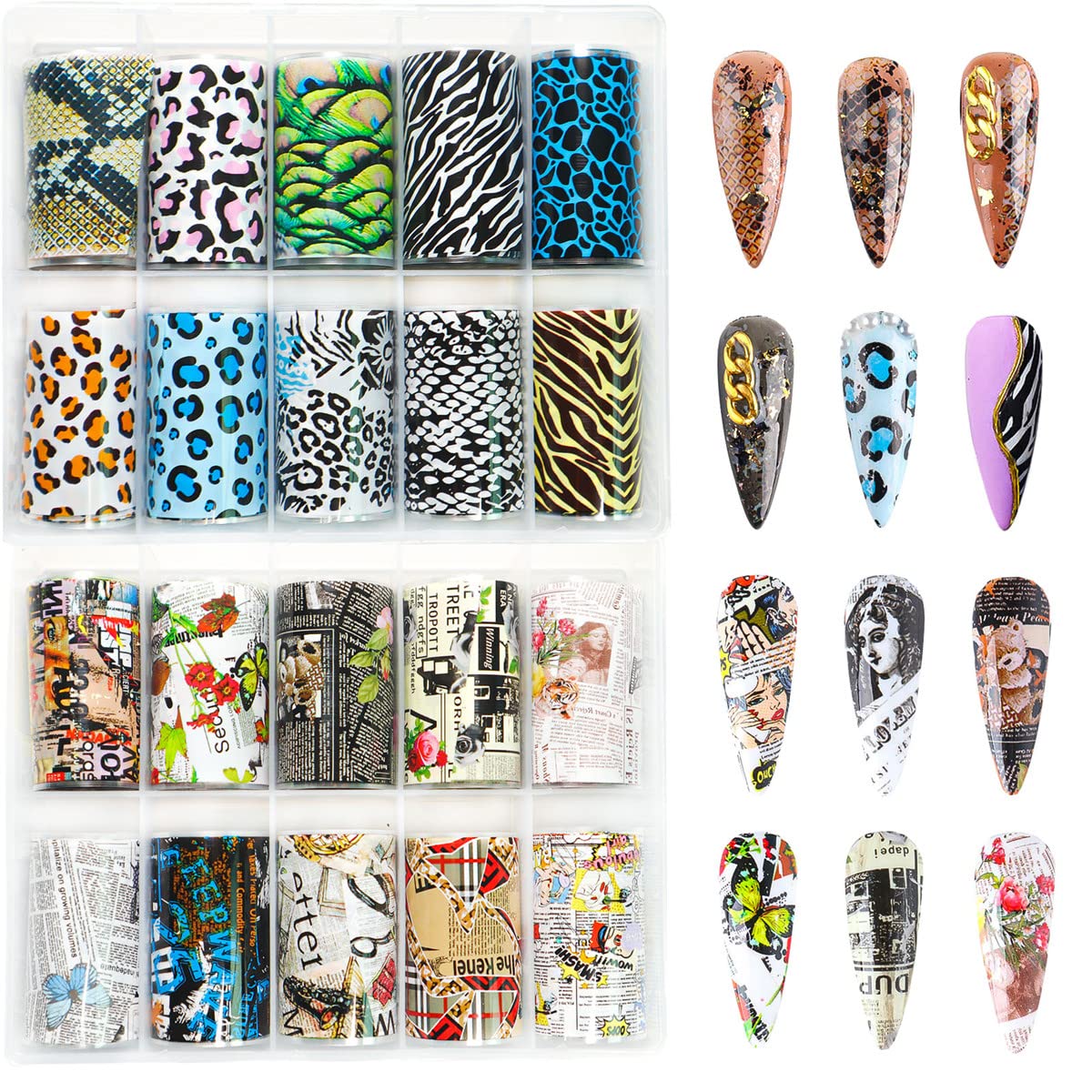 CHANGAR Newspaper Magazine Style Nail Art Foil Transfer Stickers Kit , Leopard Print Nail Foil Adhesive Stickers Decal Cow Style Nail Stickers for Women Girls DIY Nail Art Decoration