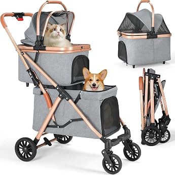 MAMIZO Double Dog Buggy Pet Buggy up to 15 kg Foldable 2 Tier Dog Trolley Cat Buggy for 2 Levels with 4 Pieces Wear-resistant PU Wheels Dog Box Transport Bag Grey