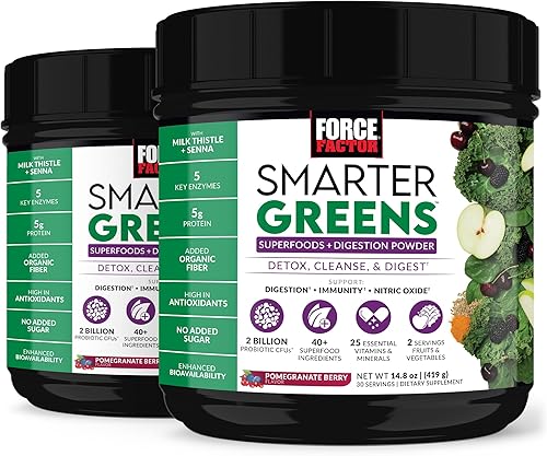 Force Factor Smarter Greens Superfoods + polvo de digestión, paquete de 2, polvo verde con 2 mil millones de probióticos, enzimas digestivas y