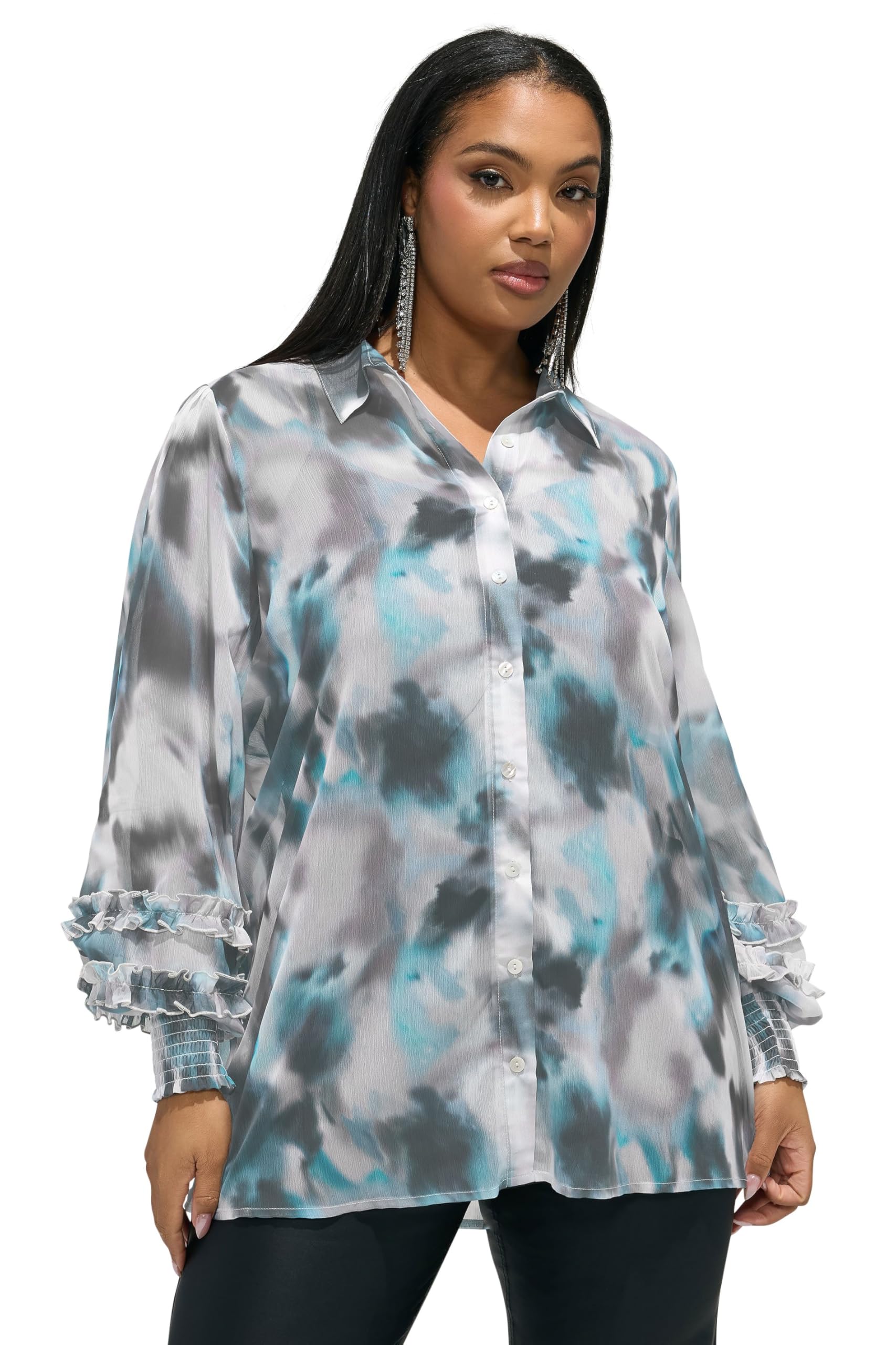 Yours London Curve Natural Brown Blurred Ruffle Cuff Shirt - Women's - Plus Size Curve