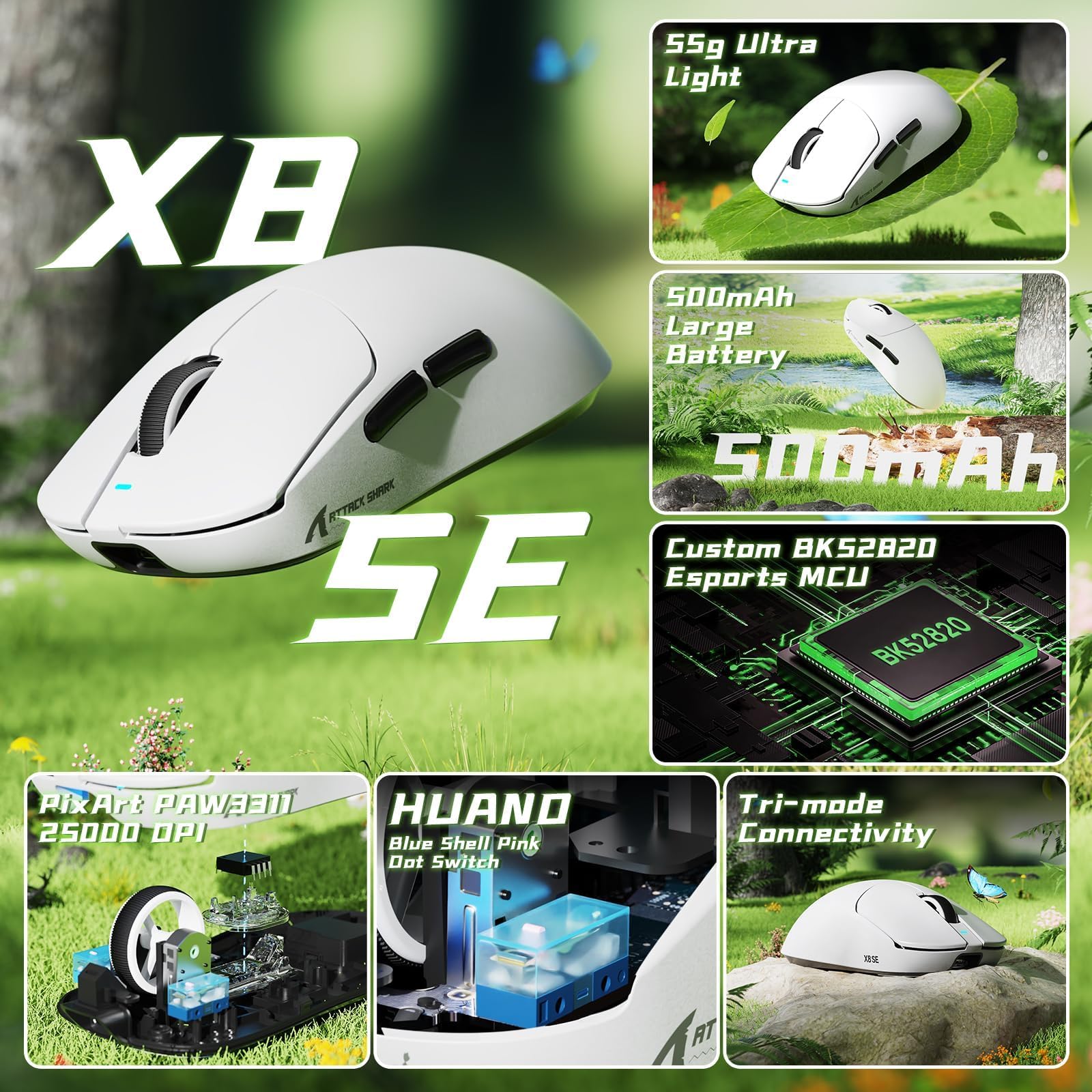 ATTACK SHARK X8 SE Mouse da Gaming Wireless, Leggero 55g, Sensore PAW3311, Chip BK52820, 25.000 DPI, Connessione BT/2,4G/USB-C, 80 Milioni di Click, Batteria 500mAh, Driver Web per PC/Mac–Bianco
