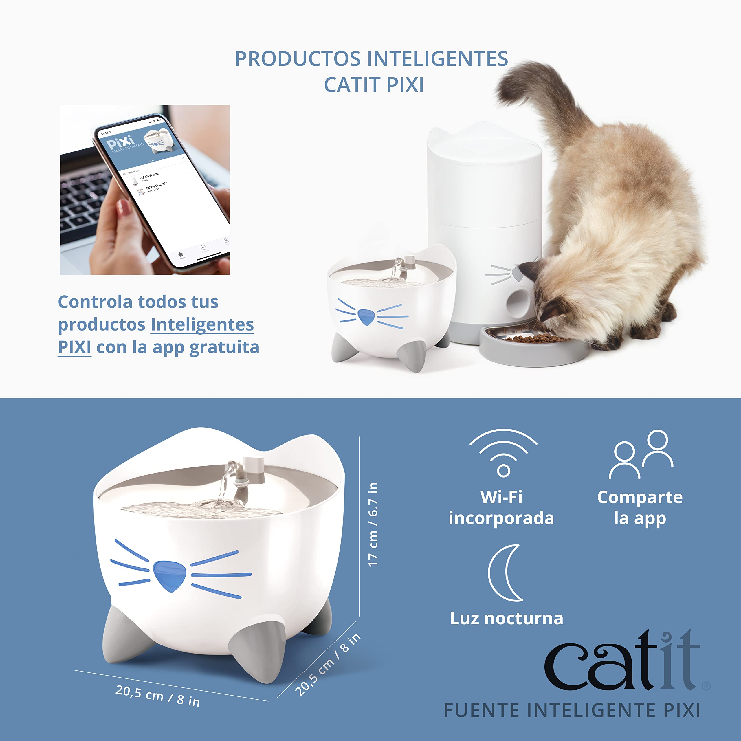 Catit Pixi Bebedero fuente Inteligente para Gatos, 2 l, Blanca | Triple filtrado, agua potable fresca, cuenco de acero inoxidable, control WiFi y aplicación, fuente para beber para gatos