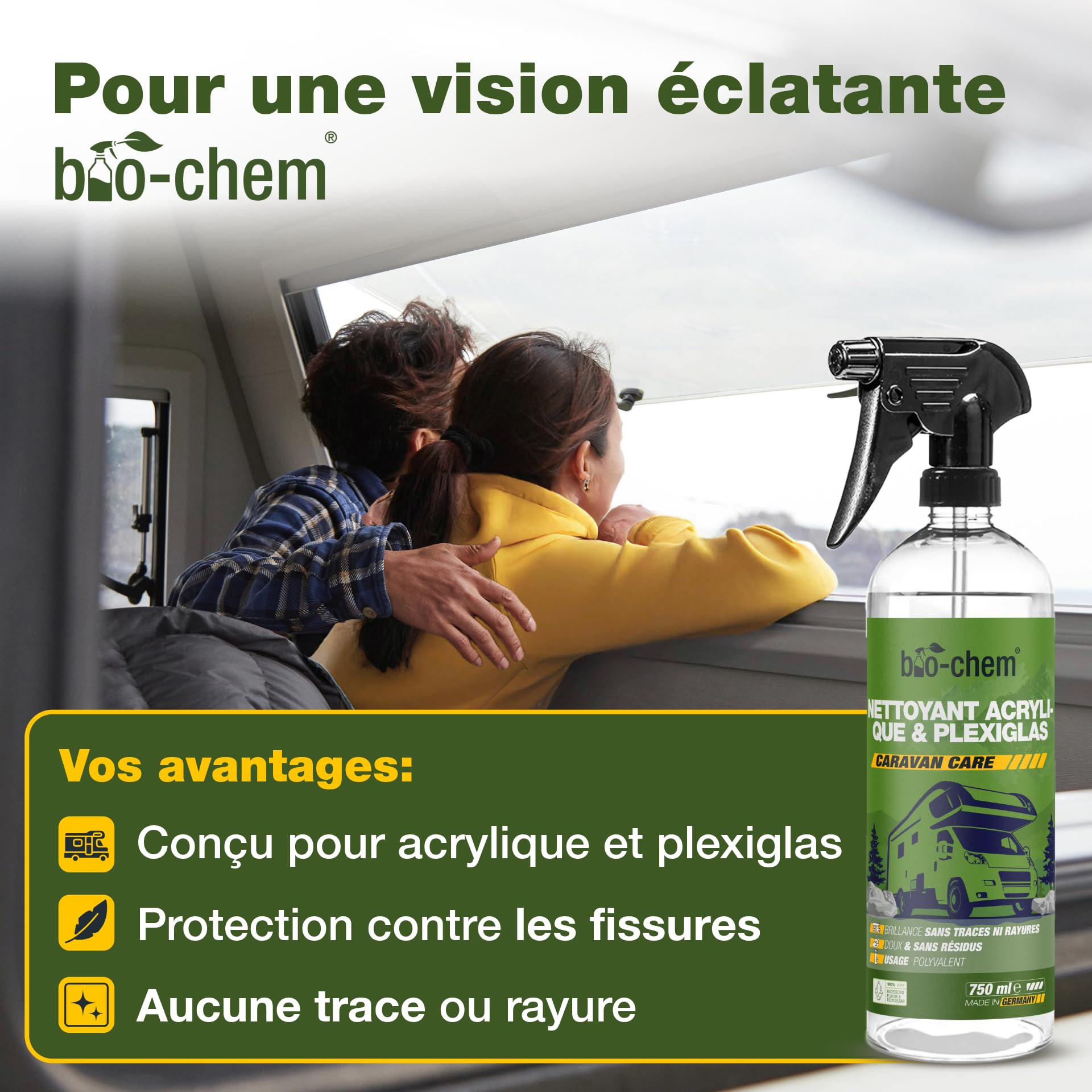 Bio-Chem - Set de 3 Produits d'entretien pour caravanes de Camping - 1L Produit nettoyant pour Camping-Car + Vaporisateur pour résine 750mL + Produit vitre et Pare-Brise 750mL