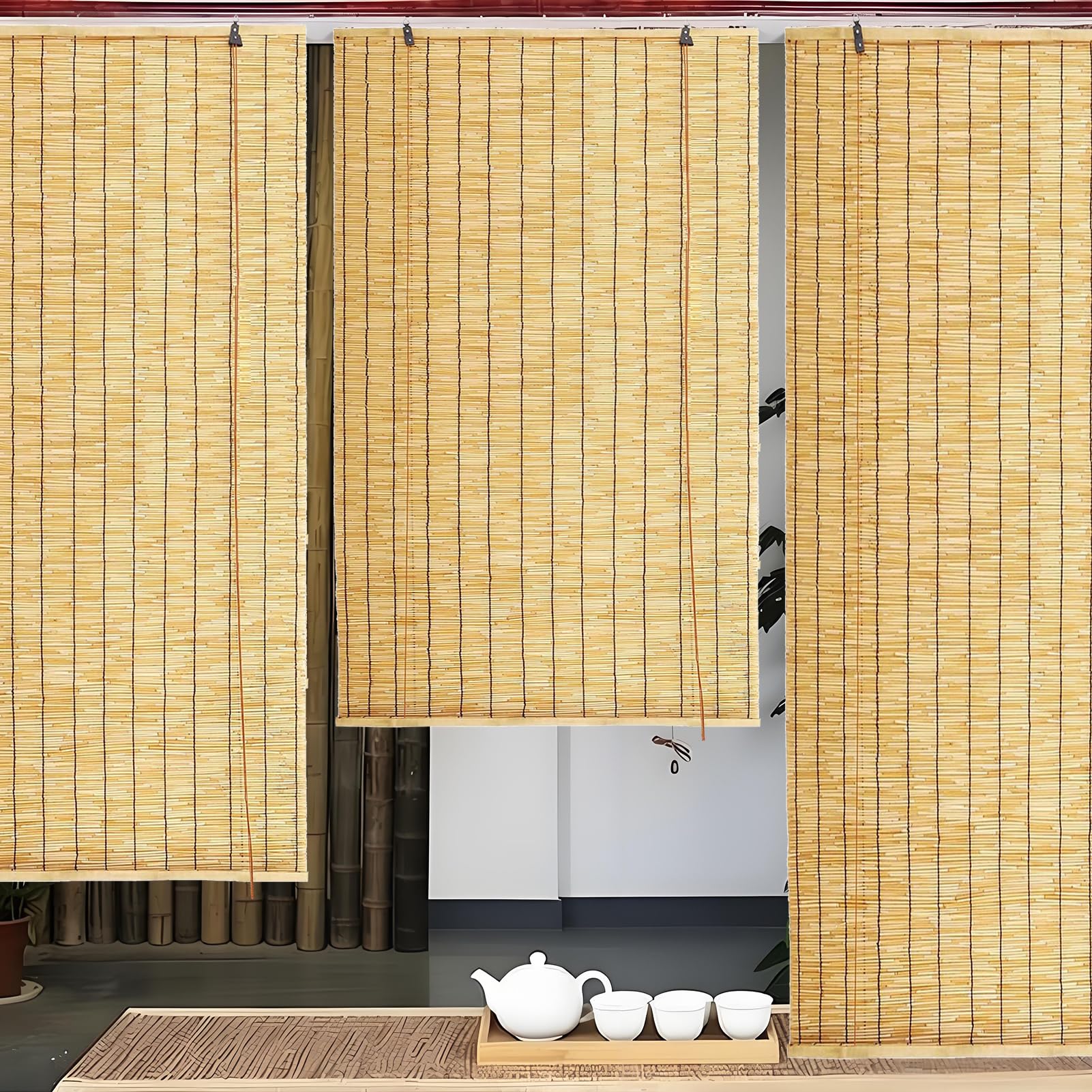 PaGuvFng Outdoor Roller Reed Blinds Porch Bamboo Shades 40 60 80 100 120 140 160 170 cm Natural Bamboo Roller Blind Roman Roller Blinds for Pergola,Indoor,Garden
