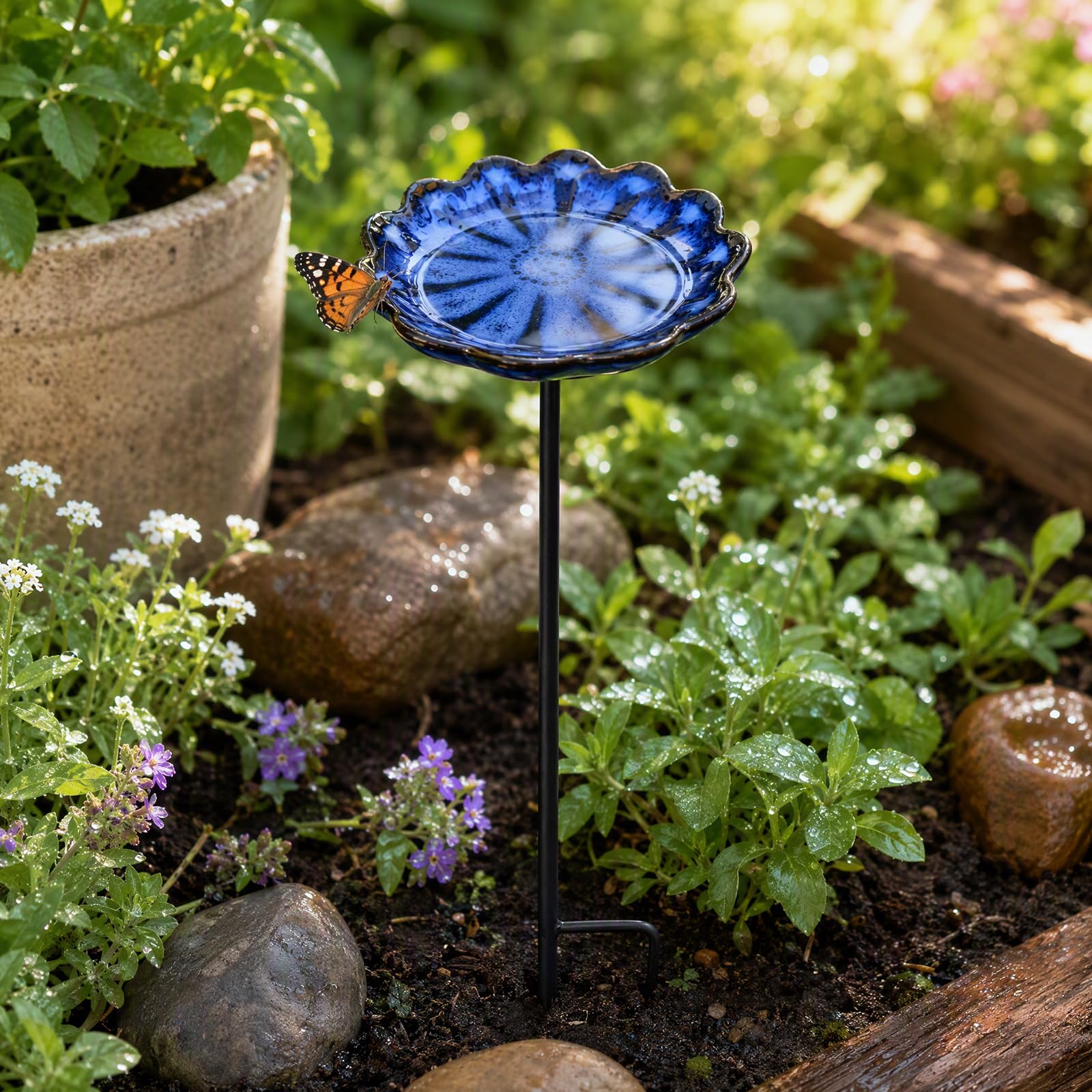 Ceramic Flower Garden Stakes Bees Bath, Colorful Bee Watering Station