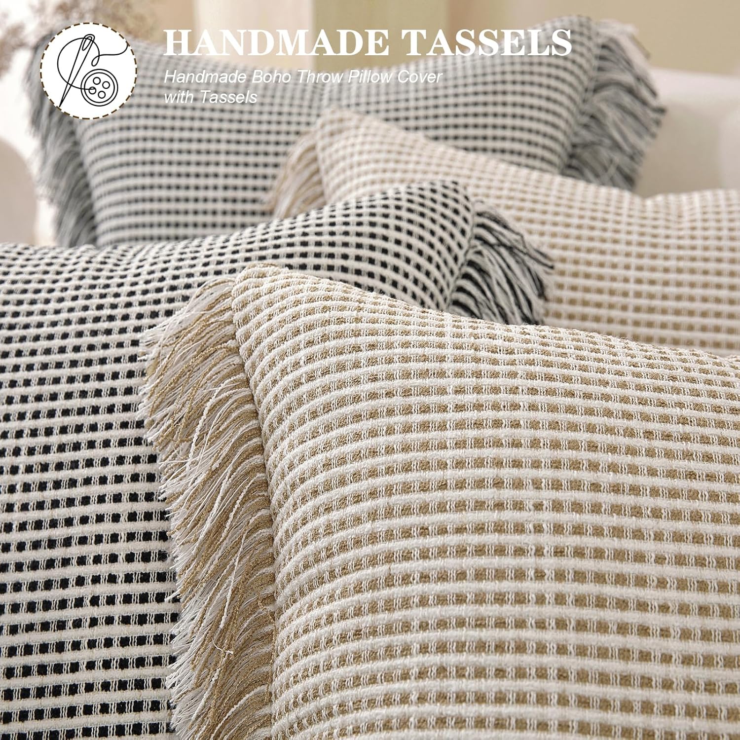 Boho Throw Pillow Covers 22x22 Set of 2 Soft Cotton Striped Fringe Pillow Cover Farmhouse Cushion Covers with Elegant Handmade Tassel Decorative Square Pillowcase for Couch Sofa Bed, Khaki