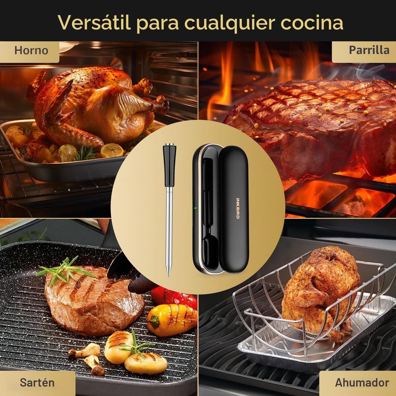 Inkbird INT-11P-B Termómetro para carne inalámbrico, termómetro para barbacoa | Control por aplicación con 91 m/300 pies, IP67, resistente al agua, termómetro para asar, para horno, barbacoa, ahumador