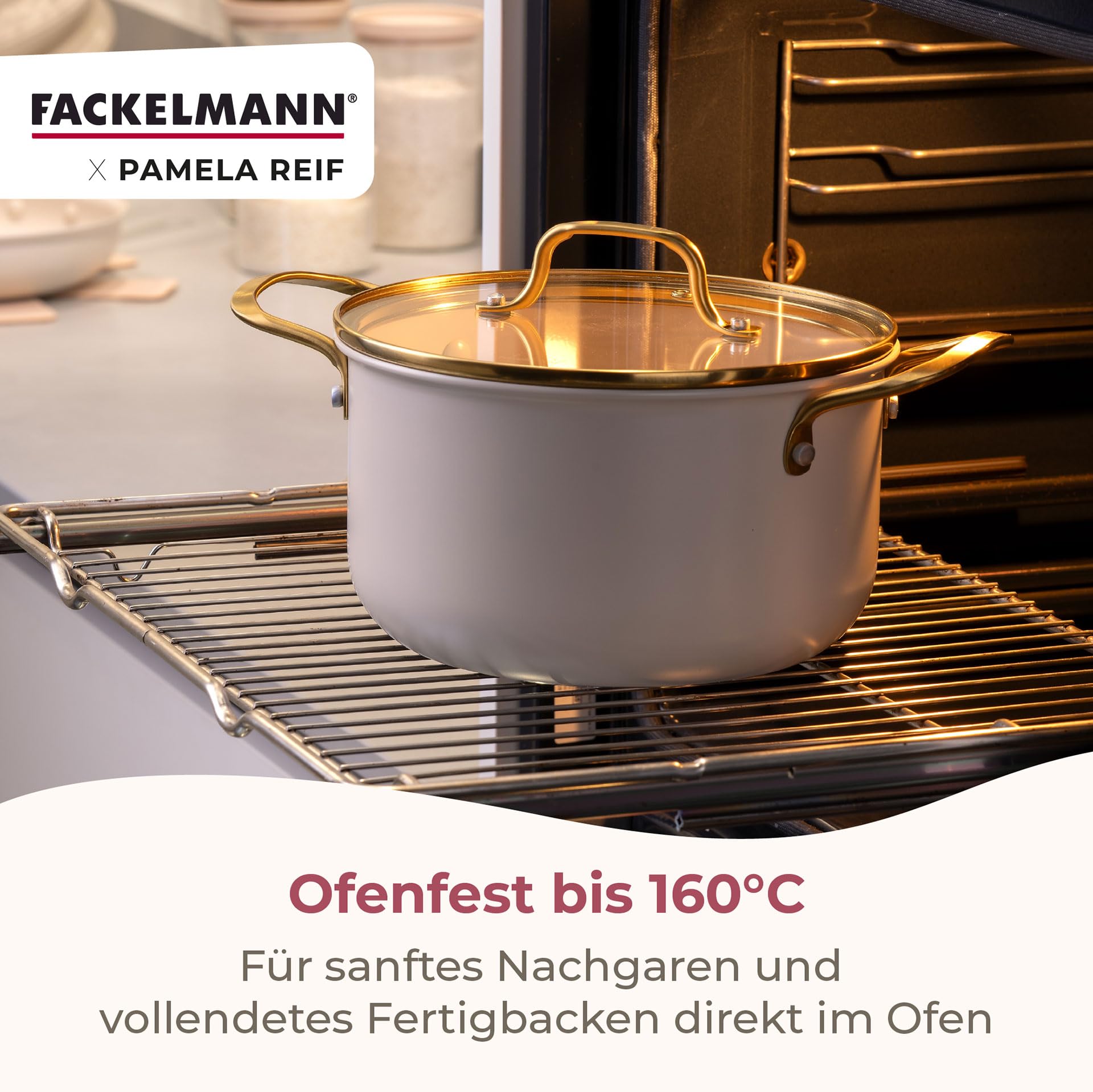 Fackelmann x Pamela Reif Kochtopf-Set 9-tlg. – Recyceltes Aluminium, Pastell Beige, inkl. Glasdeckel, PFAS-freie Keramikbeschichtung, Induktionsgeeignet