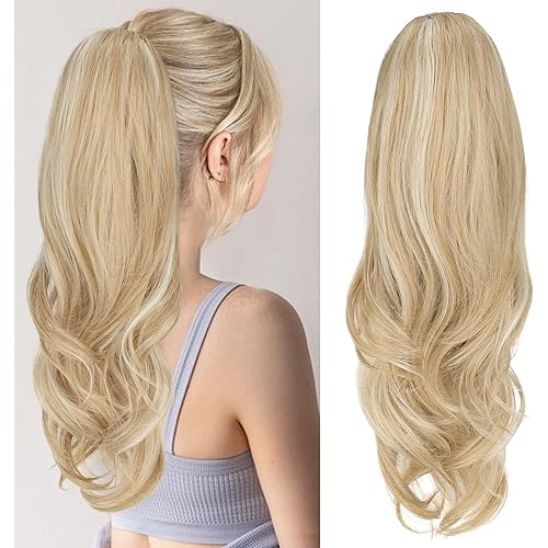 KooKaStyle Ponytail Extensions, 22 inch Medium Blonde with Highlights Long Drawstring Wavy Clip in Ponytail Hair Extensions Layered Synthetic Hairpiece for Women