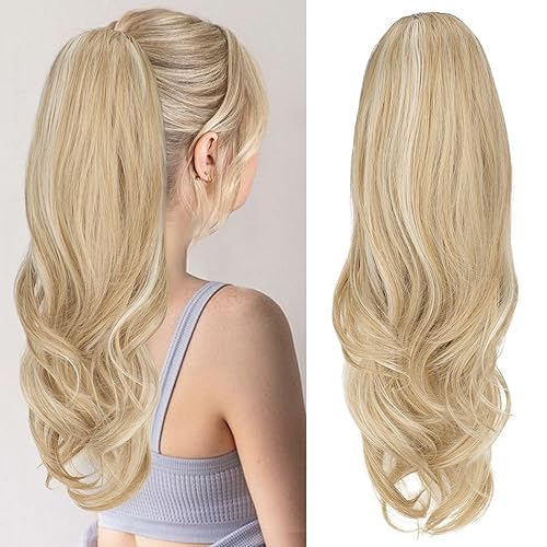 KooKaStyle Extensiones de cola de caballo, 22 pulgadas, rubio medio con reflejos, cordón largo, ondulado, clip, extensiones de cabello sintético en