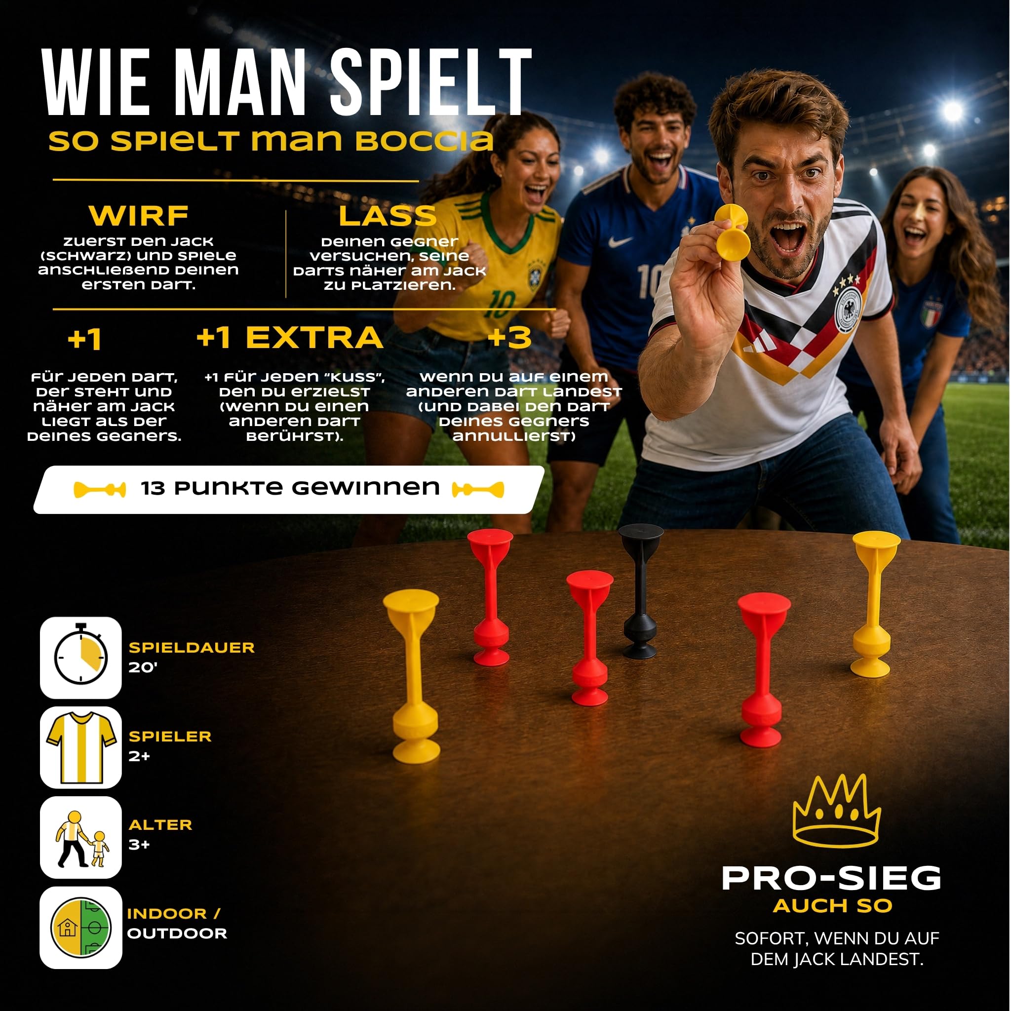 TOSSIT Spiel Saugnapf Darts, Indoor Outdoor Drinnen Draußen, Boccia, Petanque, Wurfspiel, Nachhaltig langlebig Silikon, Boden oder Wand, Starter Pack, World Football Edition