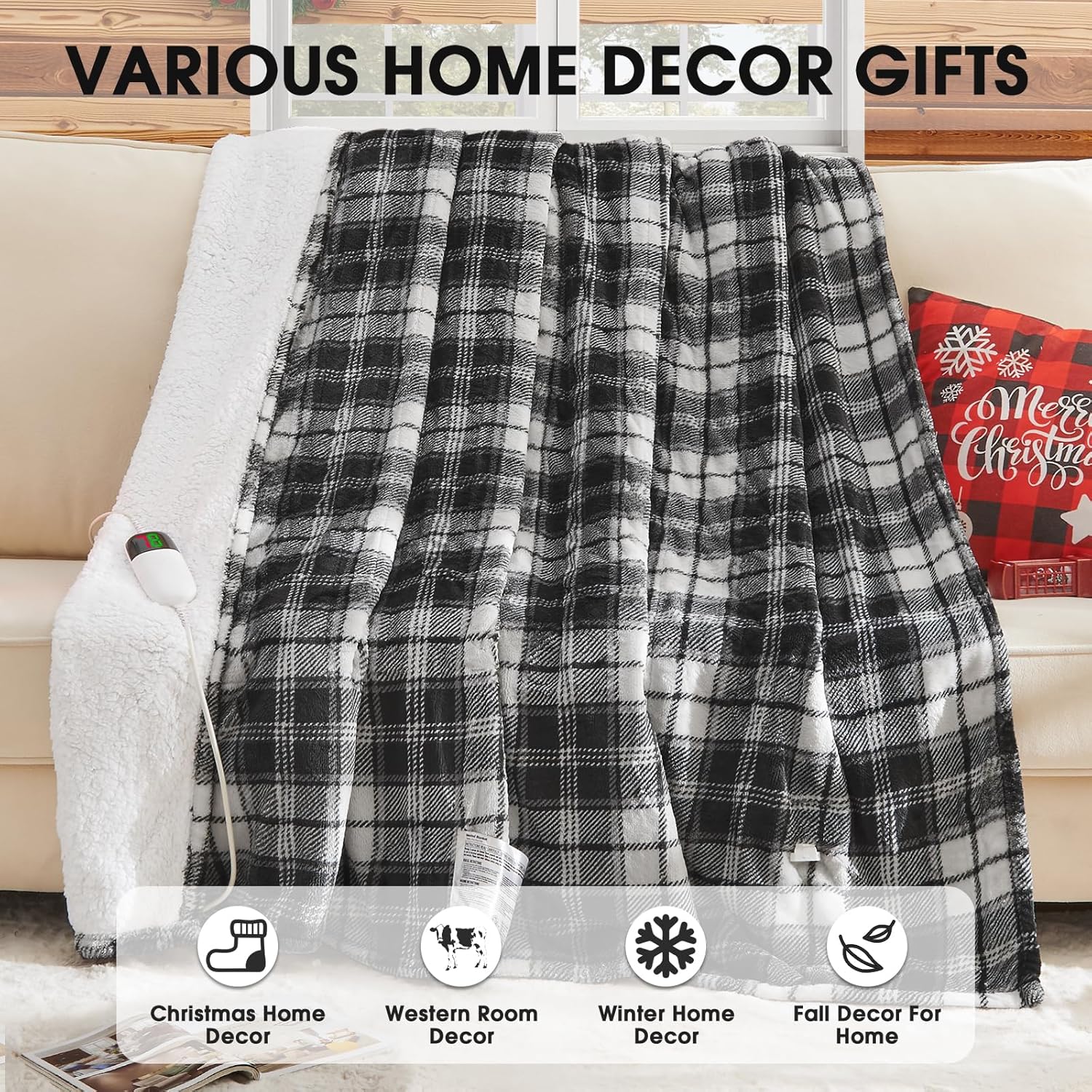 Black Heated Blanket Electric Throw, 50X60 Heating Throw with 10 Heats Levels & 8 Hours Auto Off, Plaid Soft Sherpa Blankets Warmer Gifts for Men Dad Boys Home Decor for Living Room Bedroom Office - Image 7