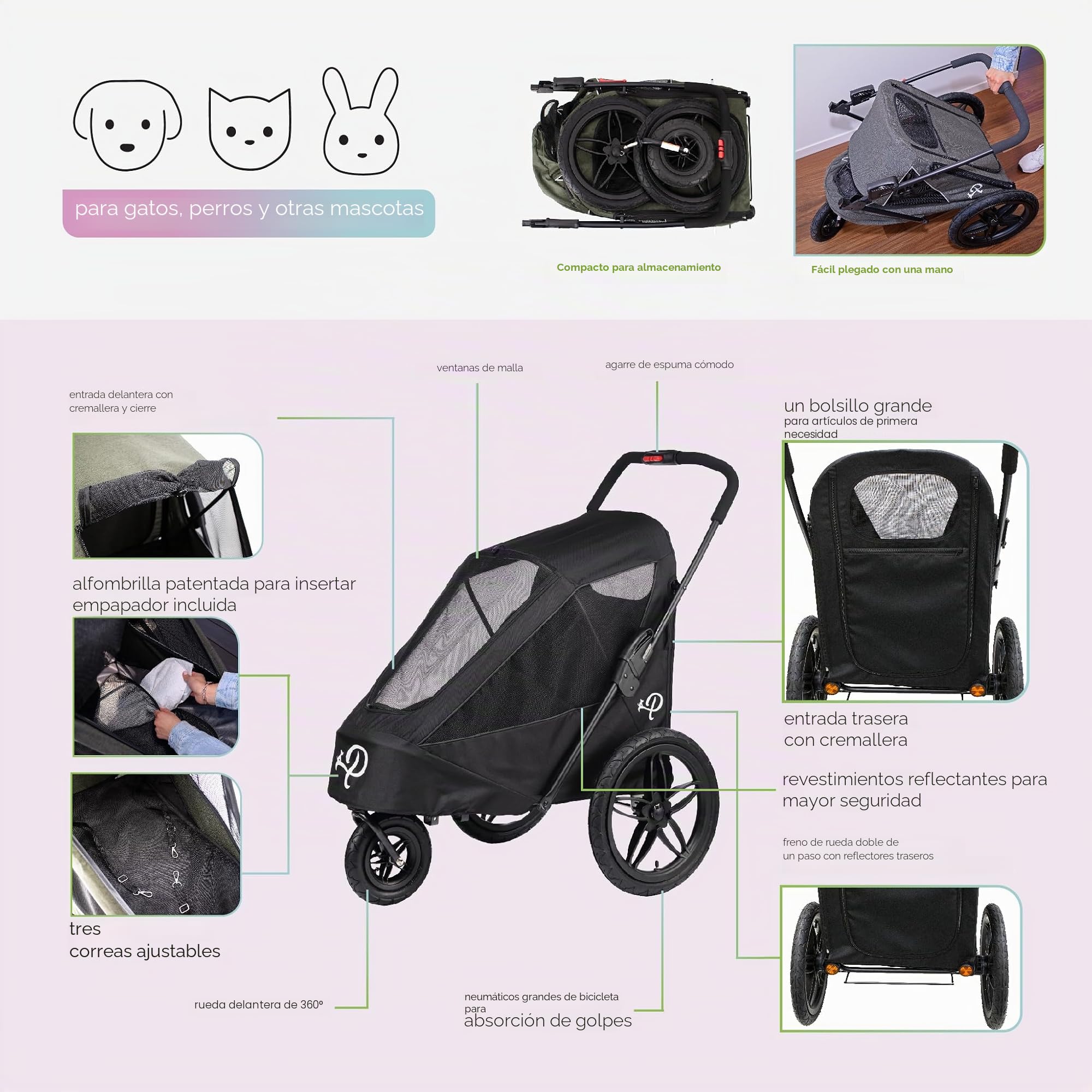 Petique Breeze Remolque para Bicicleta y Carrito de Mascotas | Se Pliega con Una Mano | Colchón, Freno Doble, Ruedas Aire 16"/8.5", Adaptador Bicicleta, Reflectores, 30kg Carga
