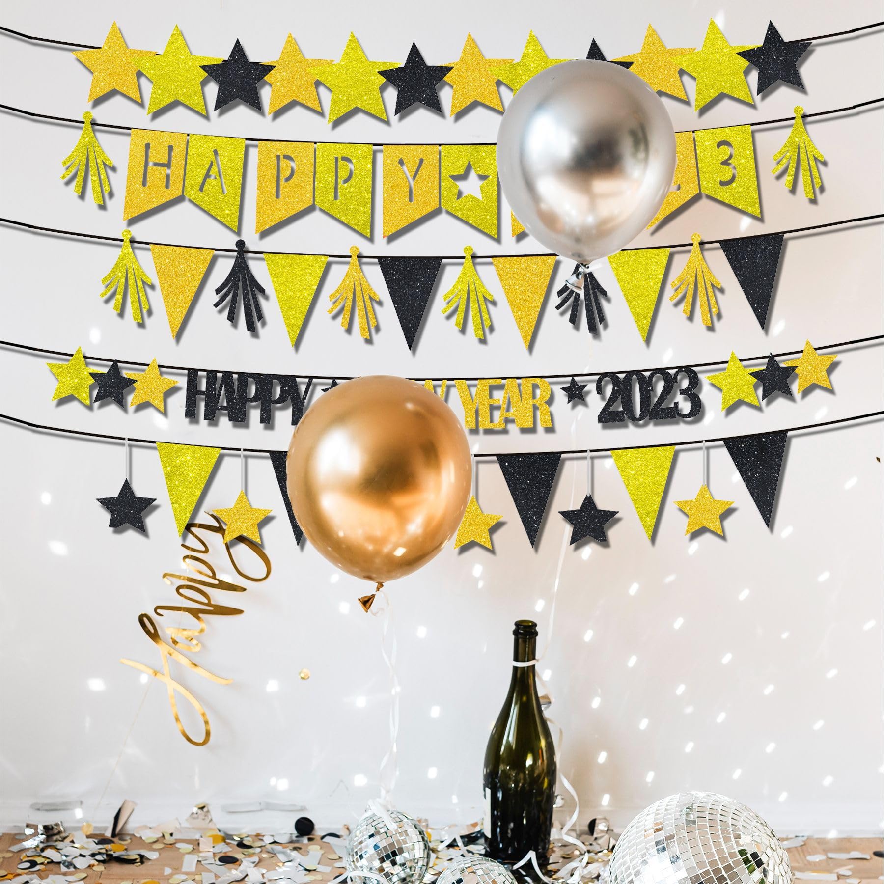 Silvester Party Deko Happy New Year Girlande Banner Gold Schwarz Buchstaben Stern Feuerwerk Glitzer Hängedeko Frohes neues Jahr Wimpelkette 2025 Neujahrsparty Dekor Zubehör für Wand Decken Türen