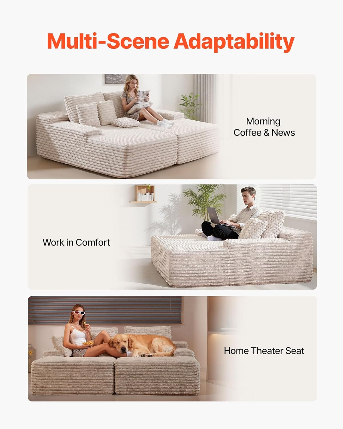 VEVOR Oversized Double Chaise Lounge 67", Boneless Cloud Sofa, Soft Corduroy Floor Couch, No-Assembly Lounge Chair for Living Room & Bedroom Relaxing, Beige