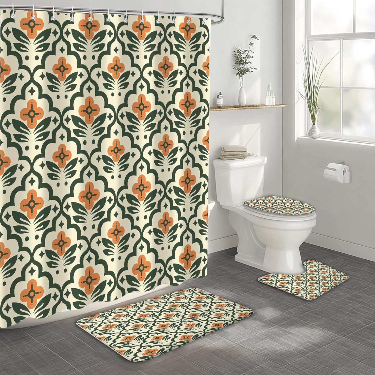 4PCS Vintage Boho Floral Shower Curtain Set, Modern Abstract Orange Green Waterproof Bathroom Accessories with Non-Slip Rugs, Toilet Lid Cover Bath Mat and 12 Hooks, Home Decor 72" X 72"