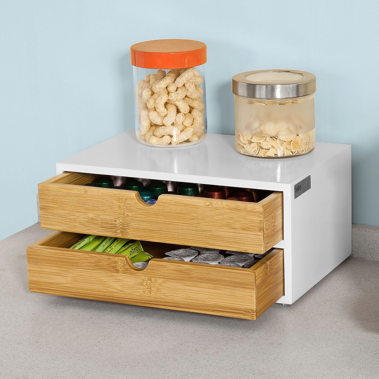 SoBuy Soporte Cápsulas con 2 Cajones, antideslizante & compacto, 30×20×14cm | Portacápsulas con 20 kg de carga, diseño sencillo, MDF/bambú, para cocina & zona café, FRG180-WN