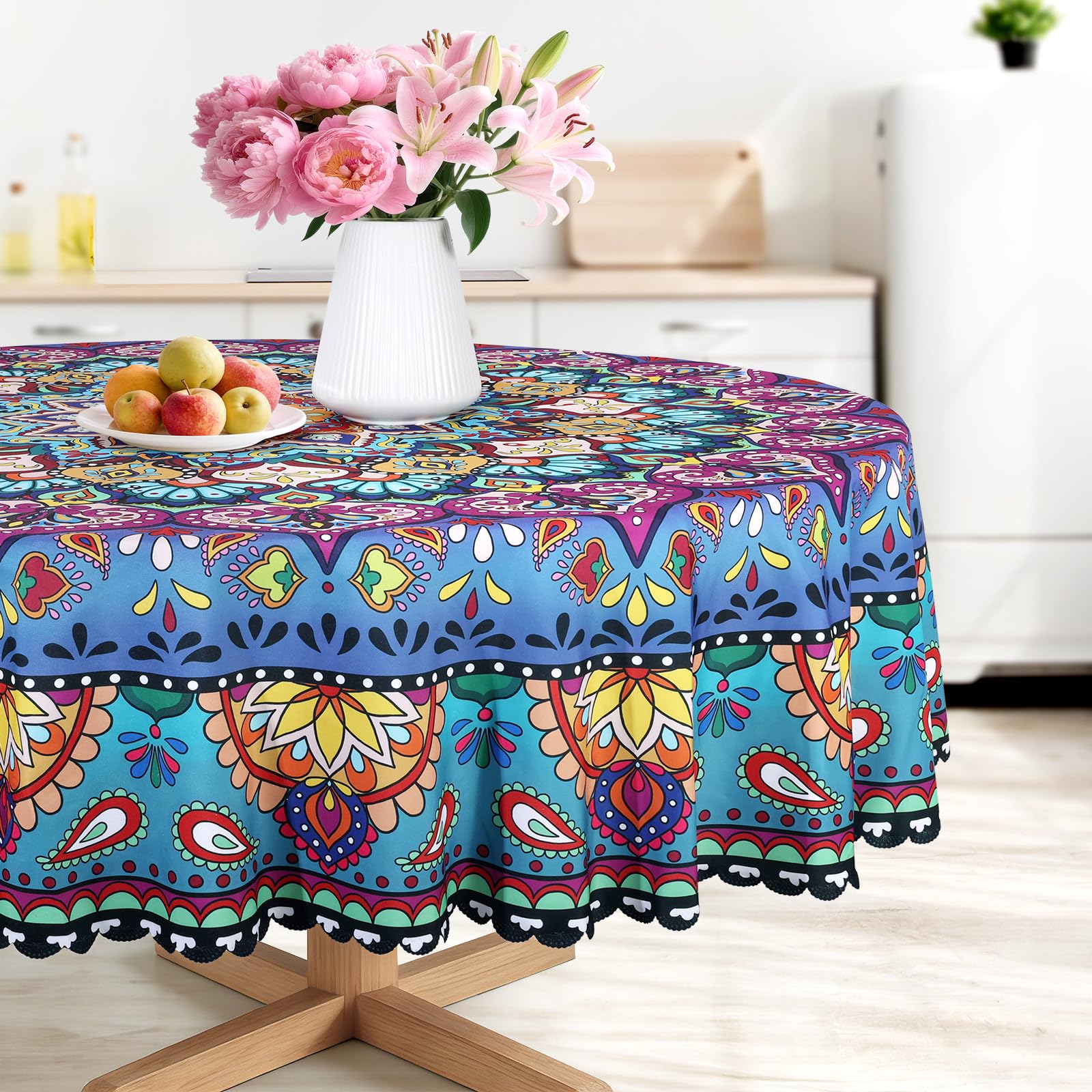 Tovaglia Rotonda Bohémien Geometria Mandala Marocchino Antimacchia Poliestere Copritavolo 152 cm 4-6 Posti