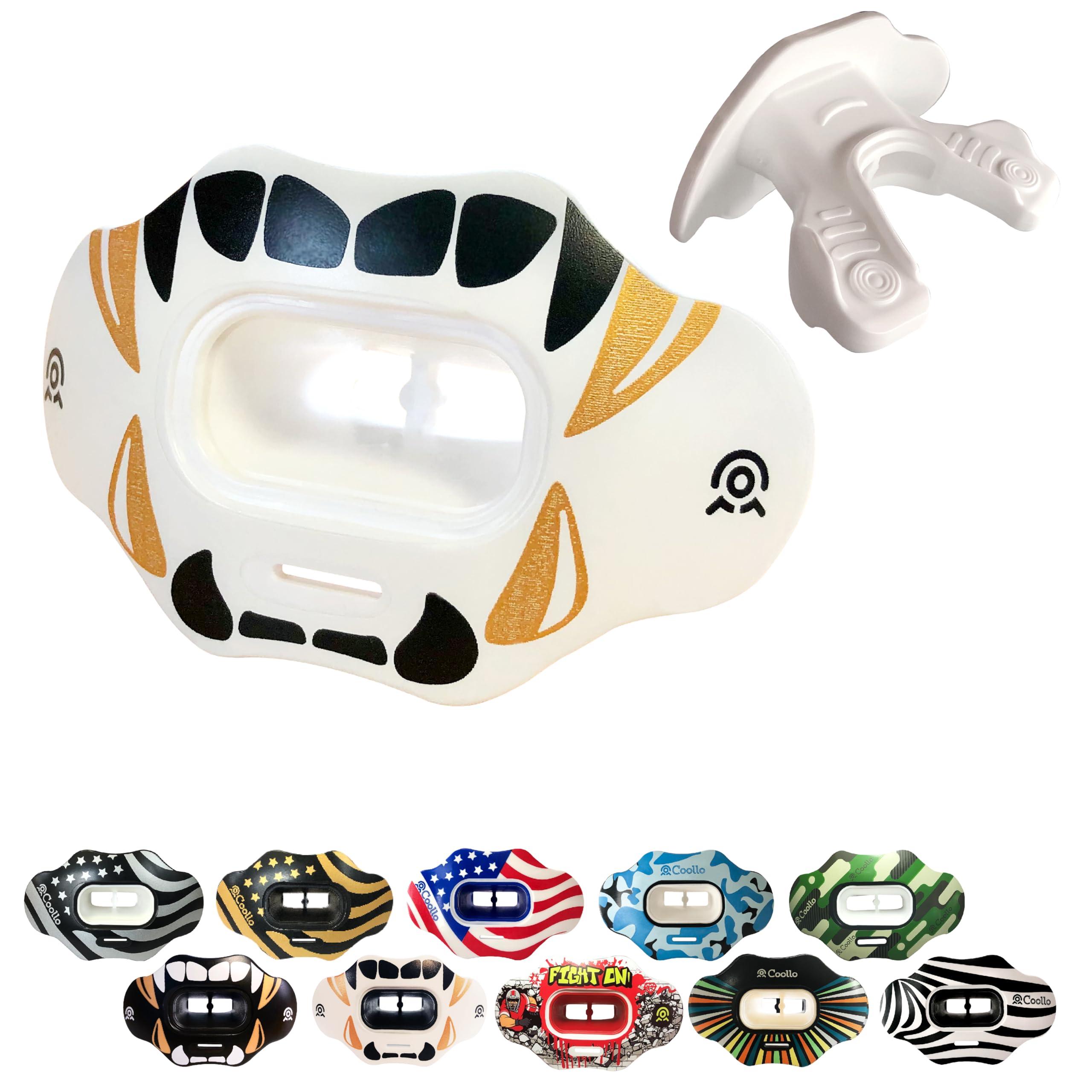 Lip Guard Mundschutz MAXX/Might Fußball und High Impact Sport Lippenschutz für Erwachsene & Jugendliche (Gurt inklusive) (Golden Black Fangs - (eine Schicht), ohne Etui (Erwachsene 8+))
