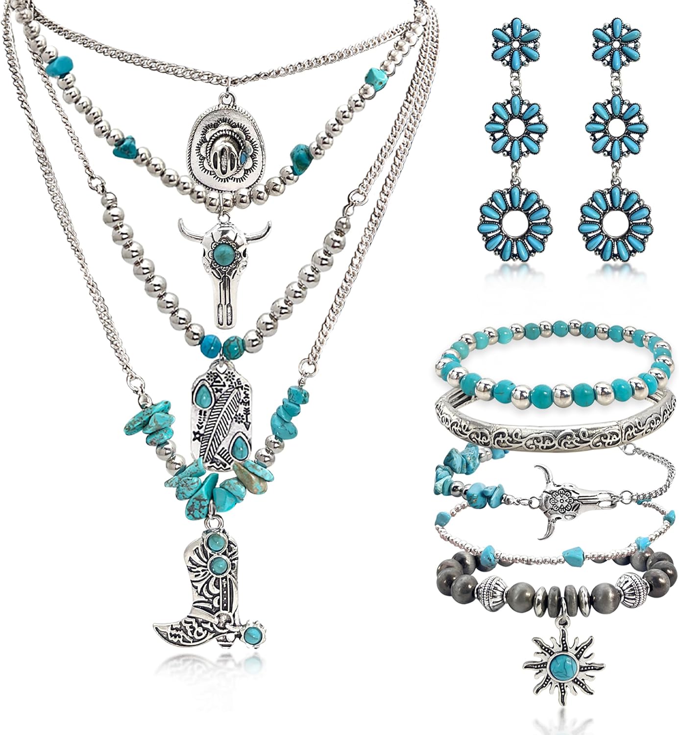 Turquoise Western Jewelry Set for Women, Boho Cowgirl Earrings Bracelet Stack and Layered Necklace, Silver Tone, Multiple Styles