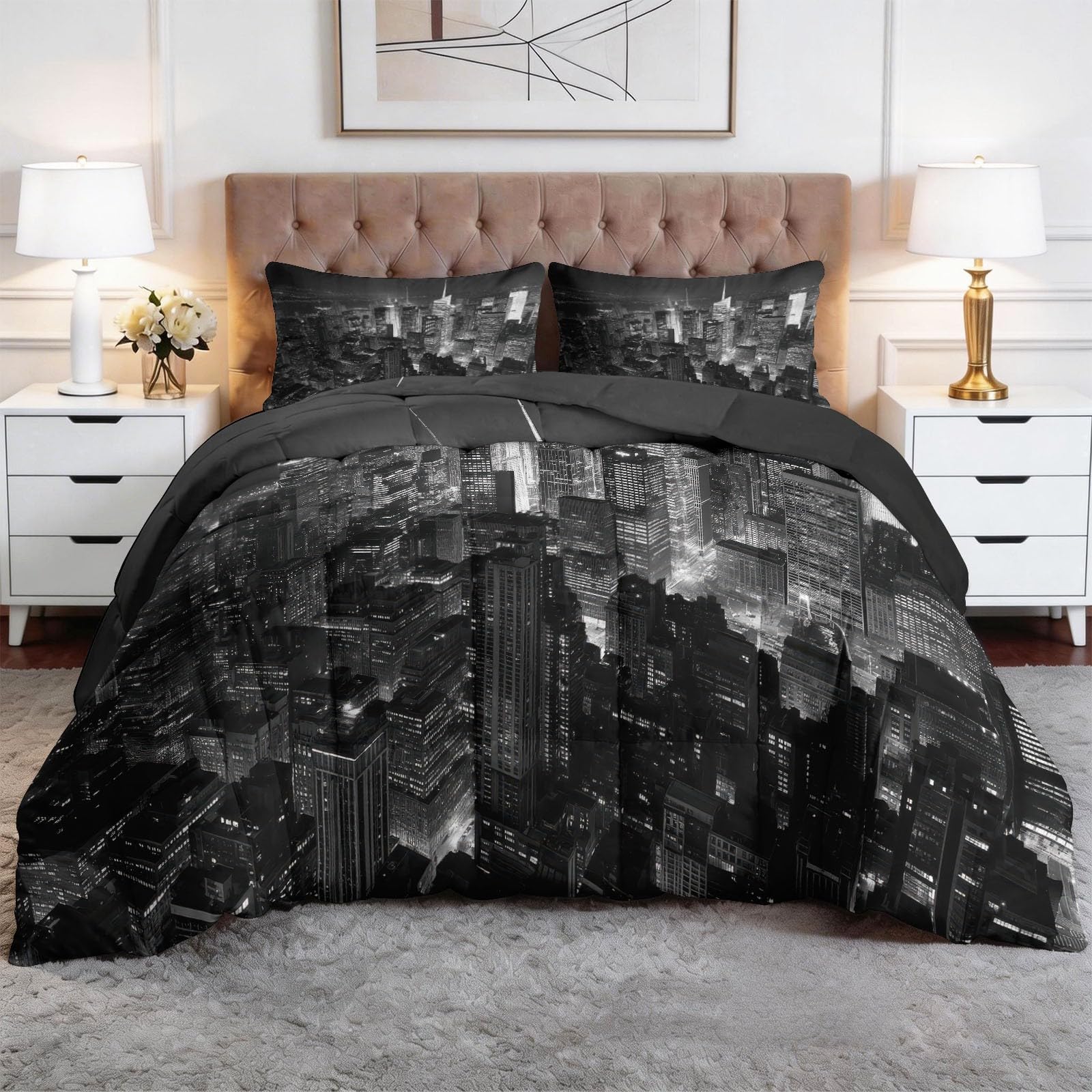 Trapunta Copriletto 150x200 cm Vista Notturna Della Città Grigia Trapuntino 4 Stagioni Stampa 3D, Trapunta Inverno Estivo, Trapuntato Coperta Letto per Adulti Bambini