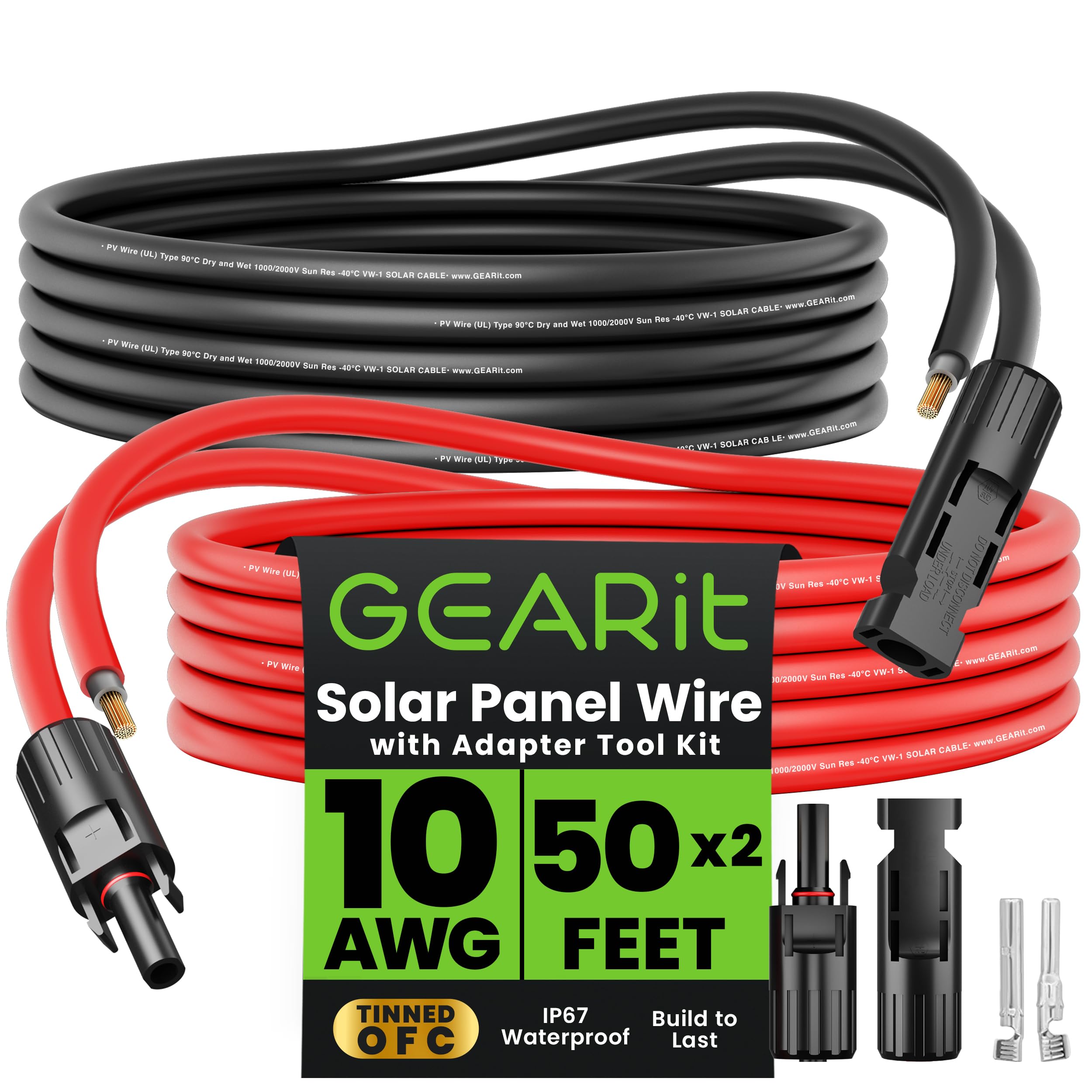 GEARit Cavo di prolunga solare da 10 AWG (15 m nero – 15 m rosso) connettori solari da maschio a femmina con kit di attrezzi adattatore, energia rinnovabile per pannelli solari, prolunga in rame puro