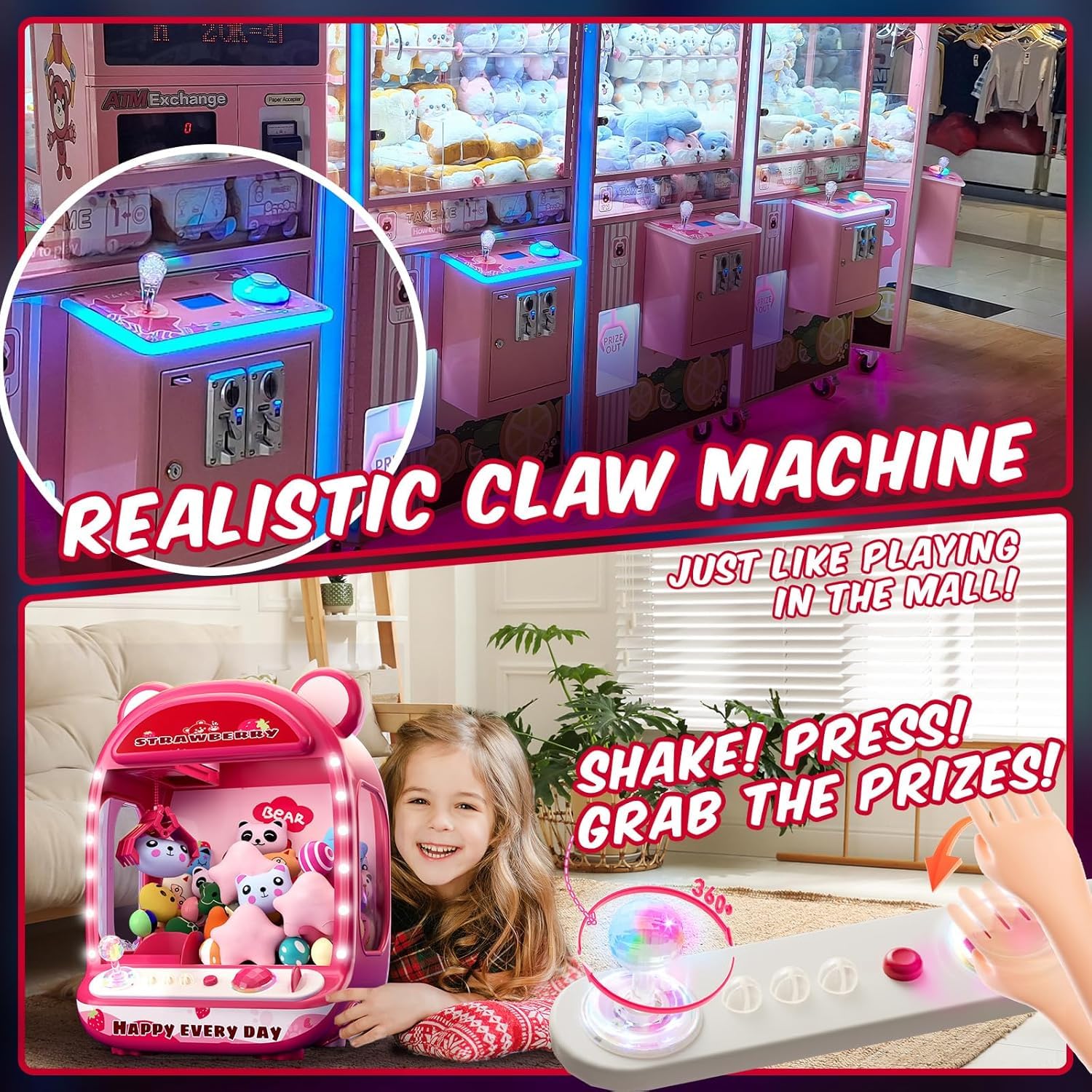 Maszyny do pazurów dla dzieci, zabawki jednorożca dla dziewczynek w wieku od 6 lat, mini automat do gier zręcznościowych z zabawkami squishy Fidget, Claw Machine, łatwa w kontroli, czerwona
