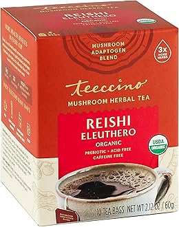Teeccino Reishi Eleuthero Tea - French Roast - Organic Mushroom Adaptogenic Herbal Tea, 3x More Herbs than Regular Tea Bags, Caffeine Free, Chicory Prebiotic - 10 Tea Bags