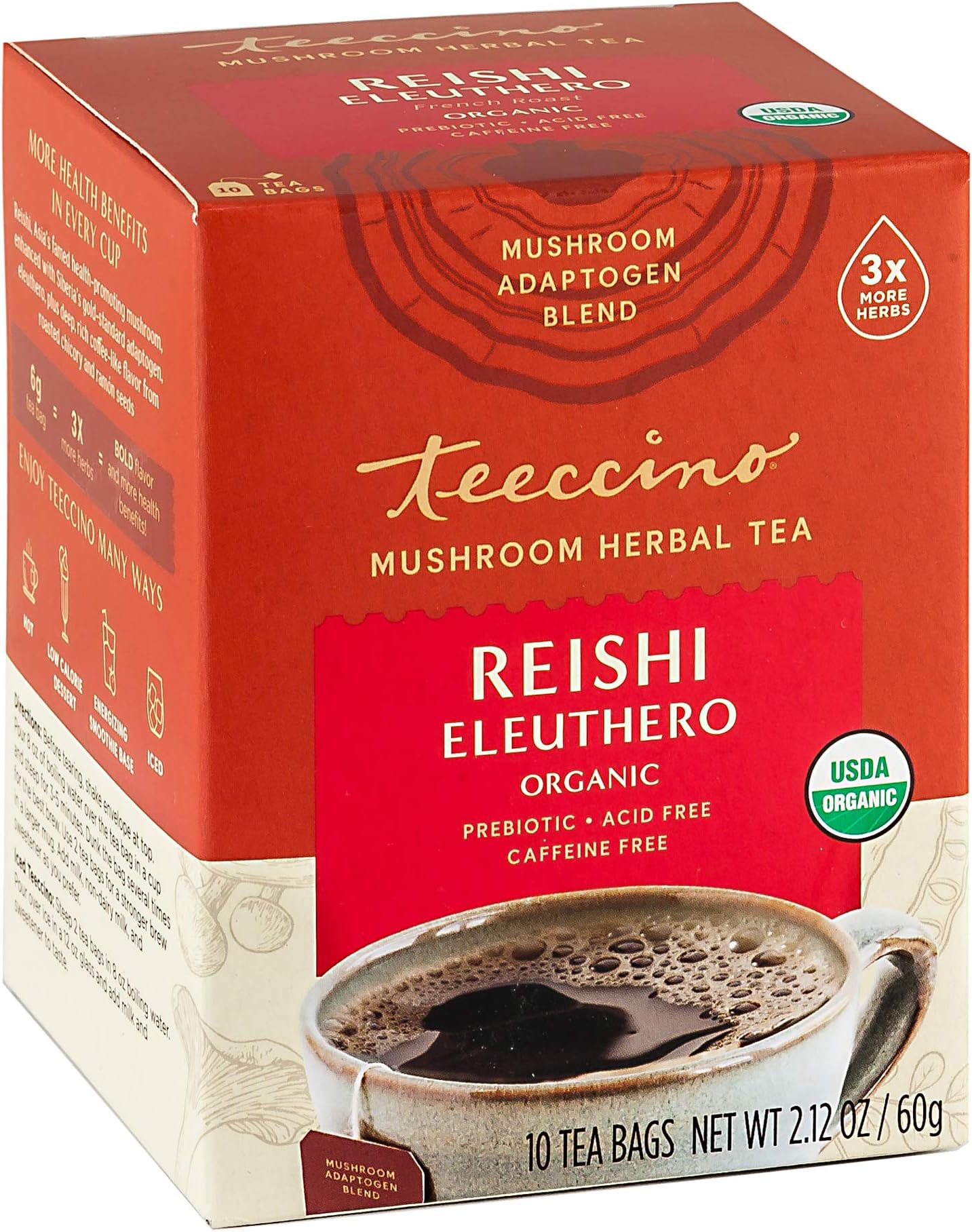 Teeccino Reishi Eleuthero Tea - French Roast - 10 TeaBags - Organic Mushroom Adaptogenic Herbal Tea, 3x More Herbs than Regular Tea Bags, Caffeine Free, Chicory Prebiotic