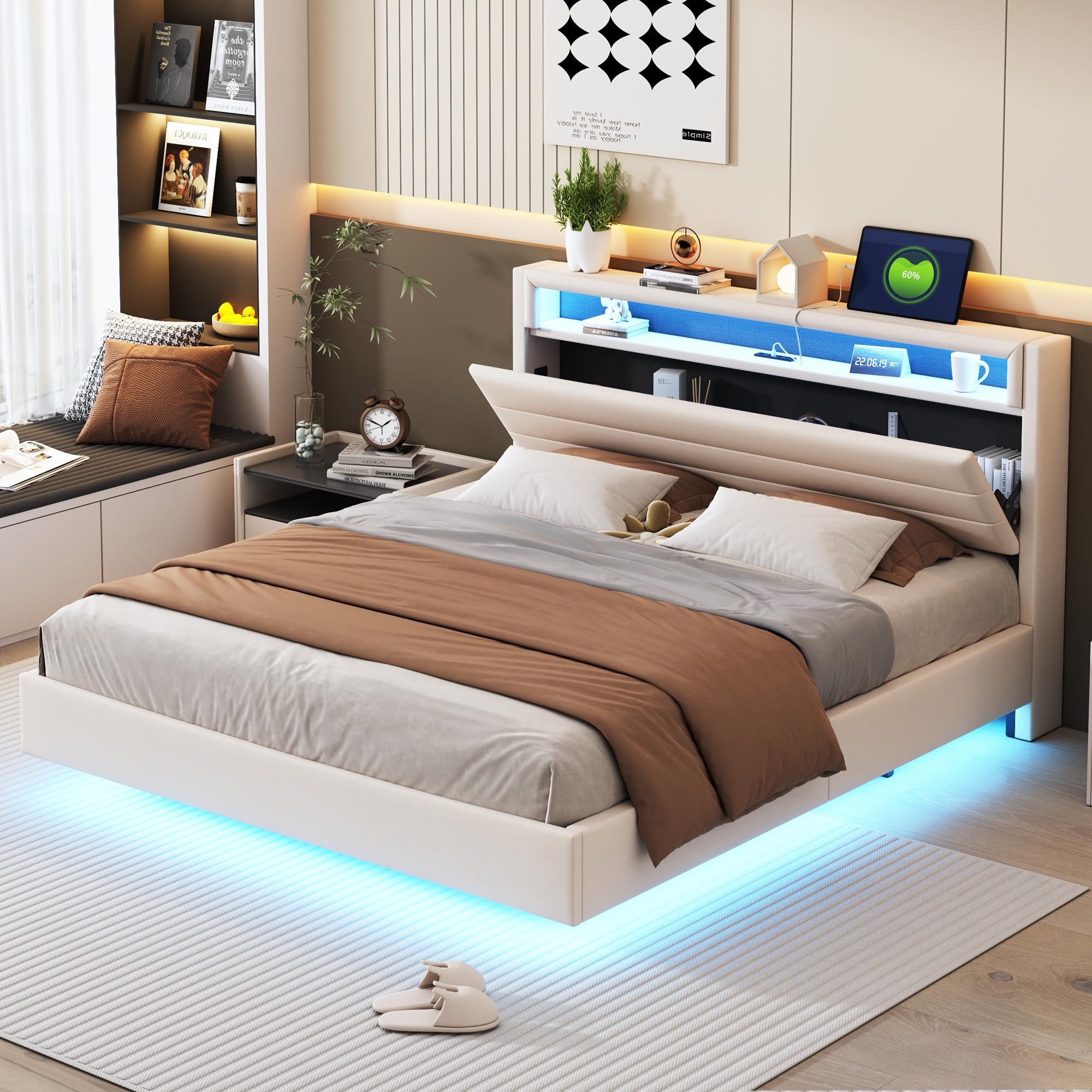 Letto imbottito 160 x 200 cm, testiera con ricarica USB e illuminazione LED, rete a doghe di legno, grigio | Leroy Merlin