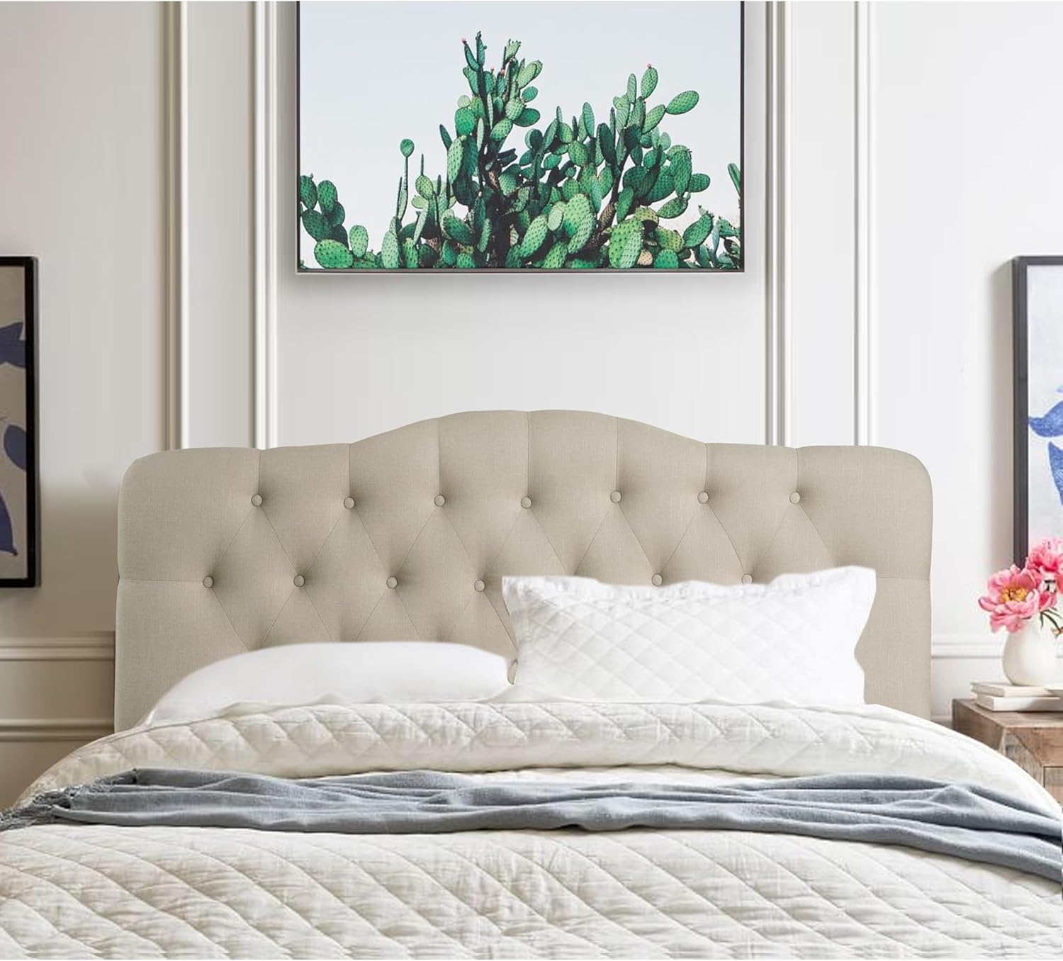 Rosevera Mallory Mid-Century Modern Upholstered Fabric Headboard,Diamond Tufted,Adjustable Height, Solid Wood Leg, Linen Fabric Padded Headboard,Queen,Gray