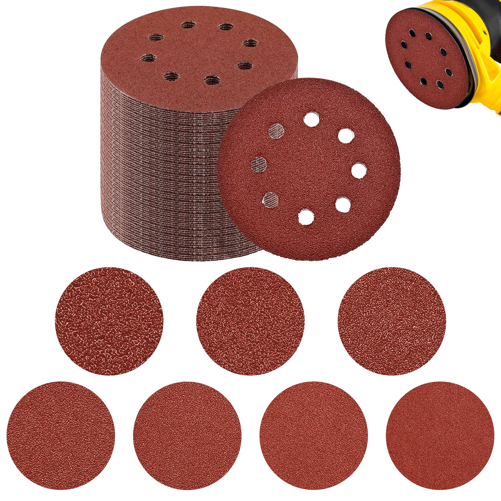 Meff-Mluk 175Pcs 125mm Sanding Discs, 8 Hole 5 Inch Round Sanding Discs Pads 40 60 80 120 180 240 320 Grits Sanding Discs for Random Orbital Sander