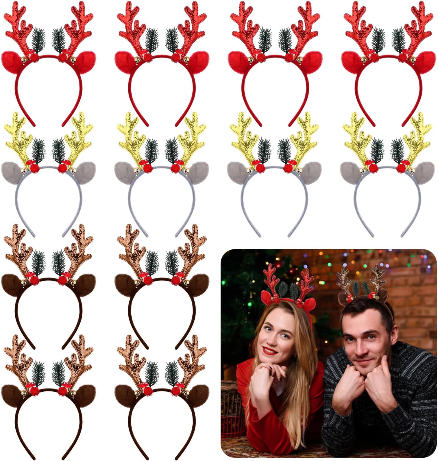 12 Pcs Christmas Headbands Glitter Elk Antlers Hair Bands Cute Xmas Deer Headbands with Berry Bell Holiday Party Gift Xmas Reindeer Costume for Women Costume Accessory