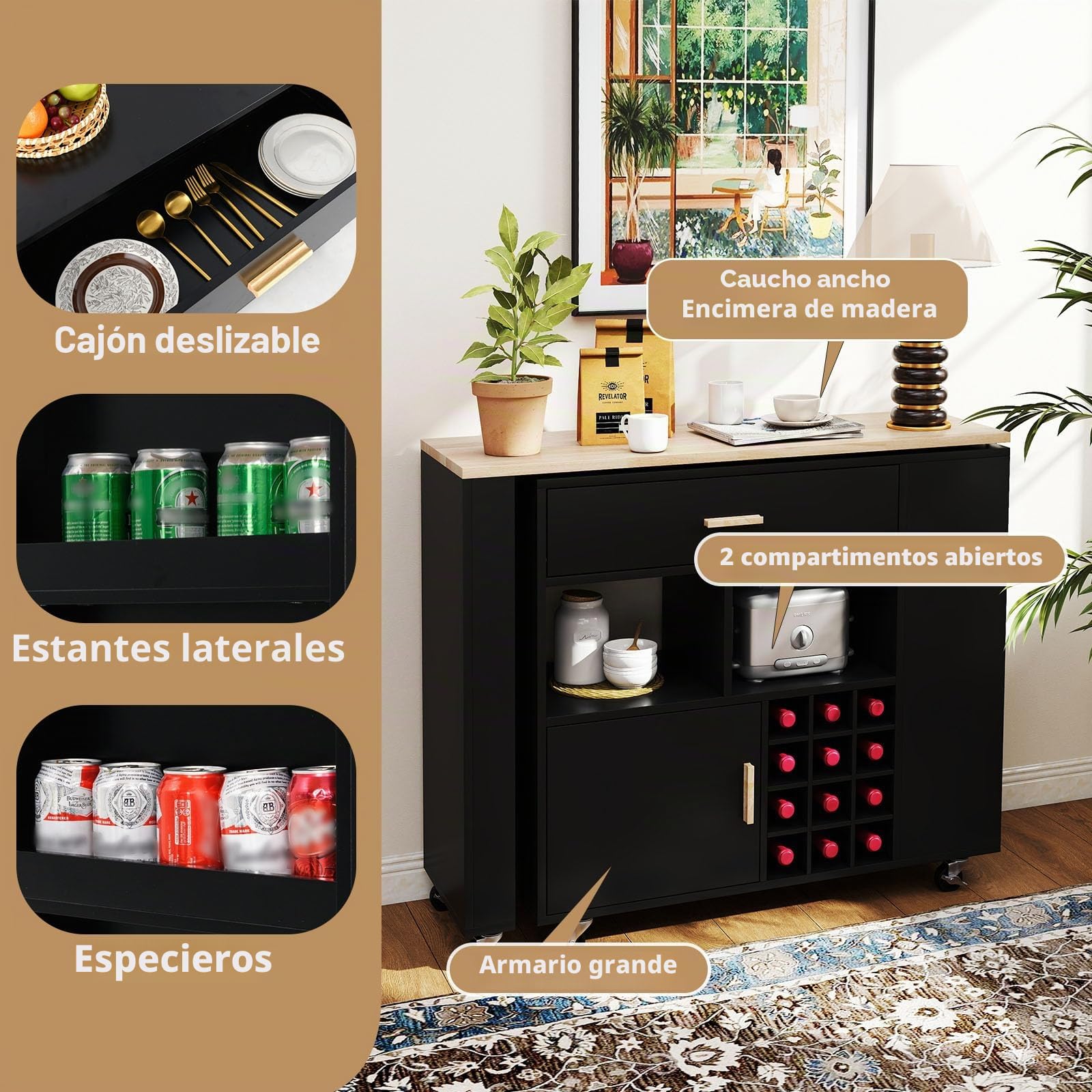 KOMFOTTEU Carro de Cocina con Encimera Giratoria, Isla de Cocina con Cajón, Botellero para 12 Botellas de Vino, Carrito Auxiliar con Estante Ajustable, Mueble Buffet para Comedor, Bar (Negro)