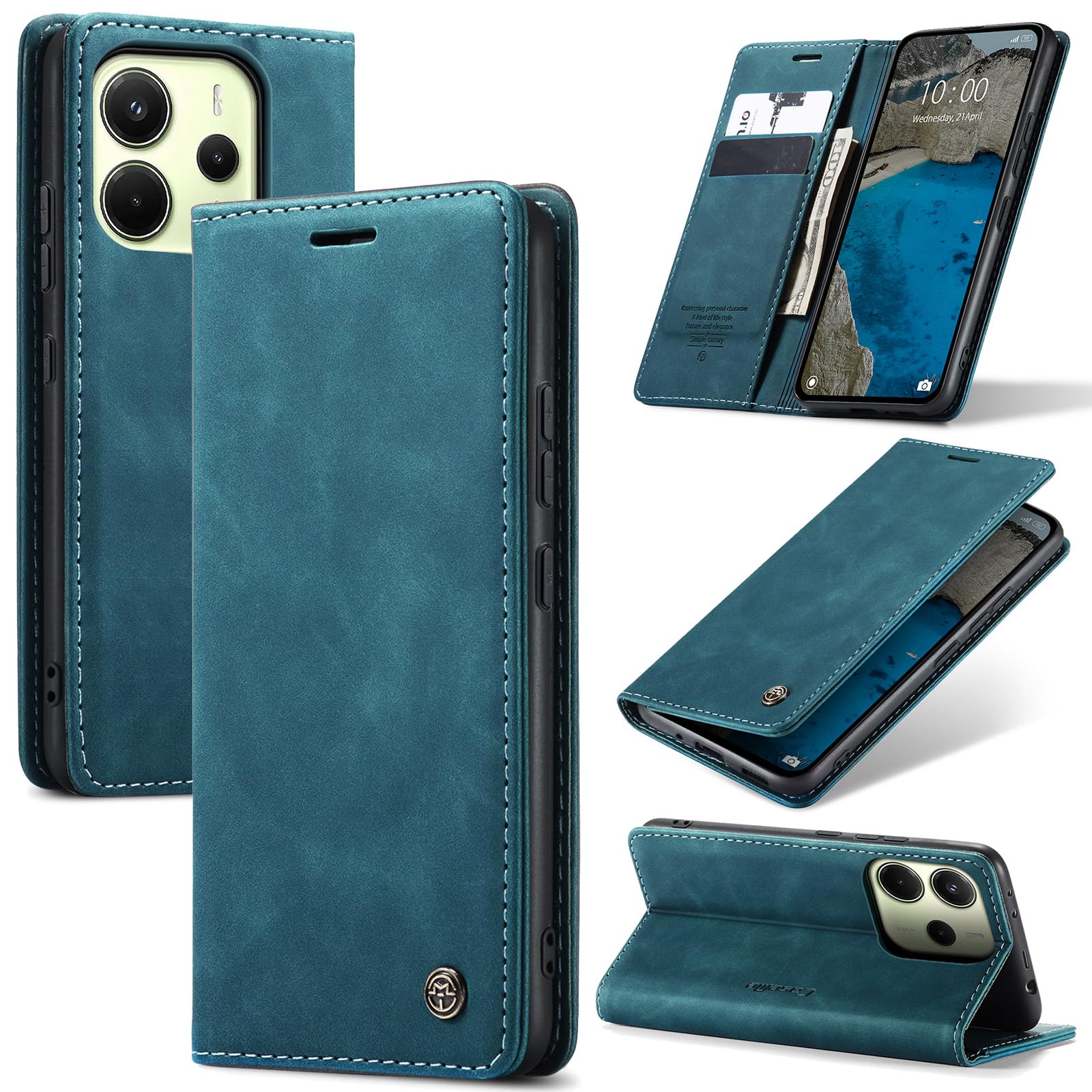 Azororo Cover per Xiaomi Redmi Note 14 4G, Premium PU Pelle Custodia, Magnetica Carta Fessura Portafoglio Case, Flip Cavalletto Custodia per Redmi Note 14 4G - Blu verde