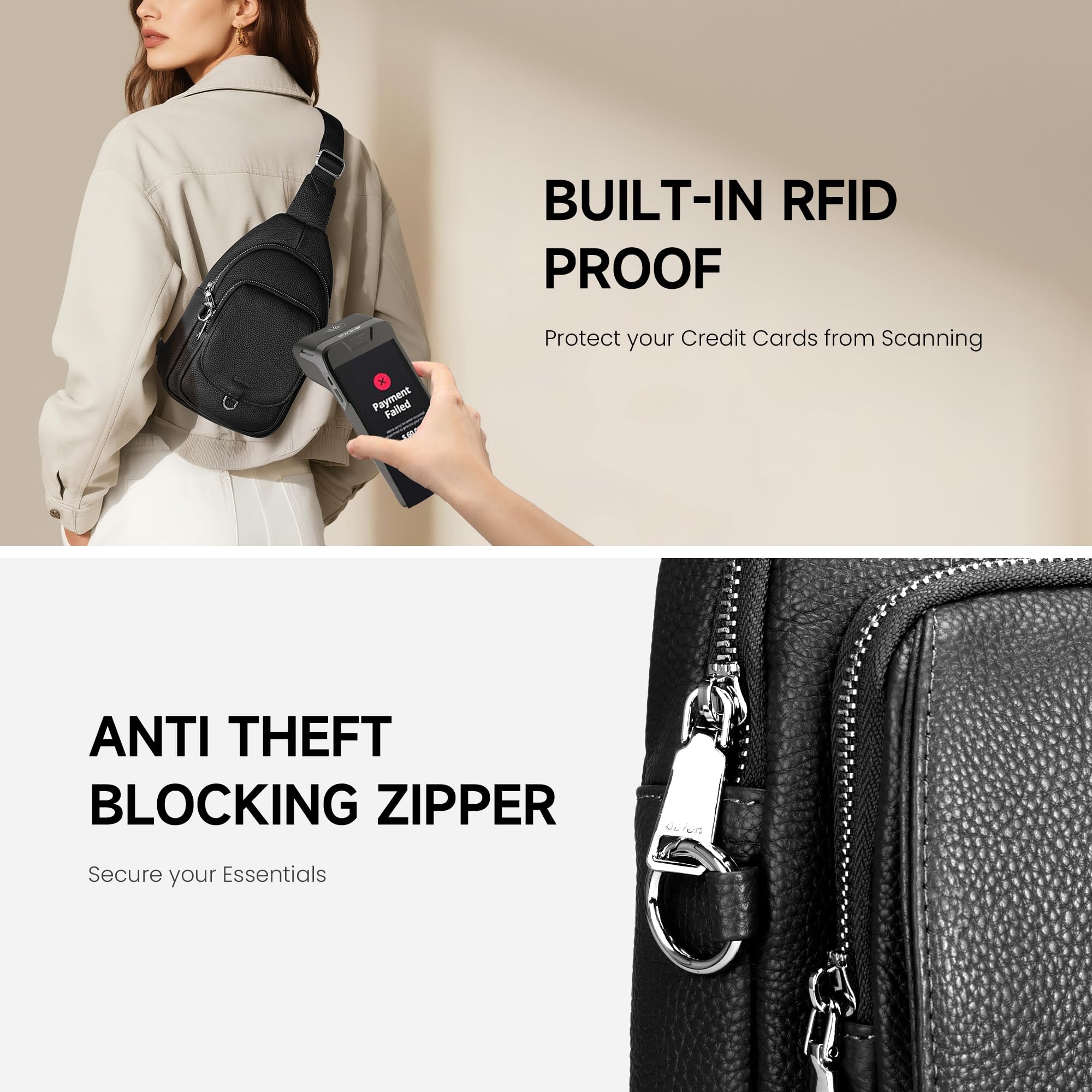 befen Antykradzieżowa torba na ramię z prawdziwej skóry dla kobiet, RFID, mała torba crossbody, torba na klatkę piersiową, skórzana saszetka na podróż
