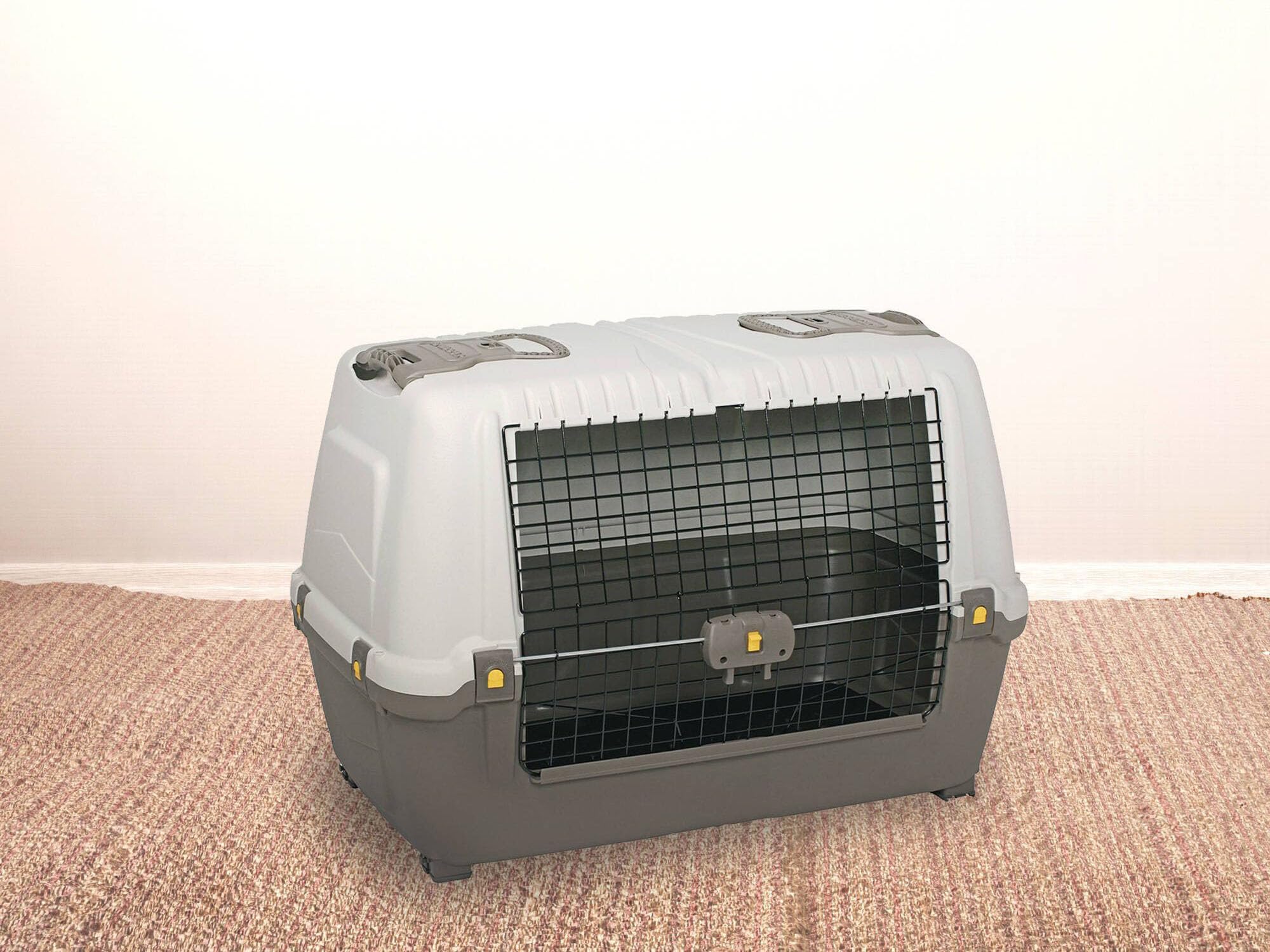 Dmora - Hunde- oder Katzentransportbox Gistel, starre Transportbox, tragbarer Käfig mit Matte, 100 % Made in Italy, Beige und Braun, 76 x 45 x 54 cm